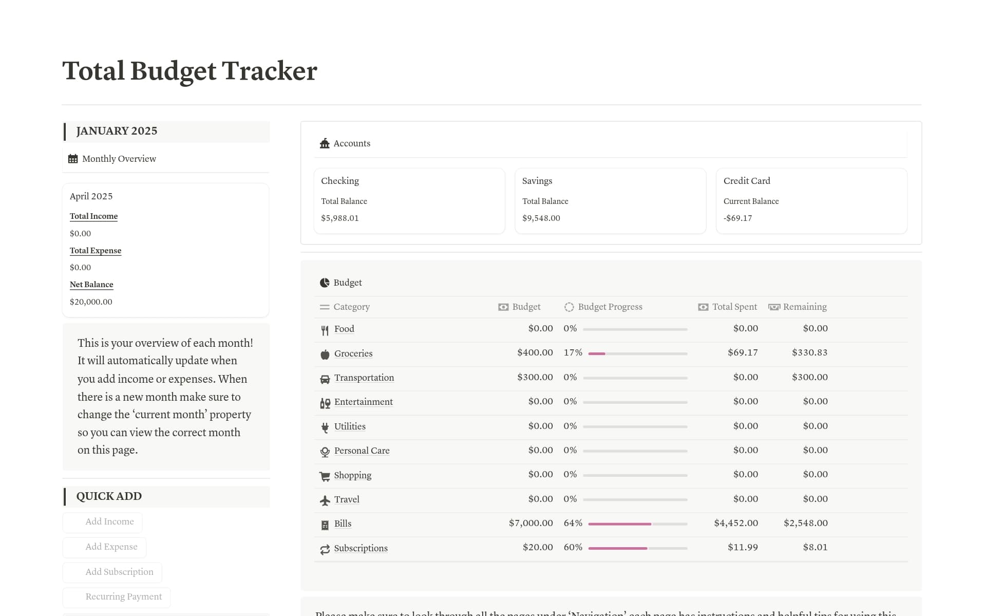 A template preview for Total Budget Tracker