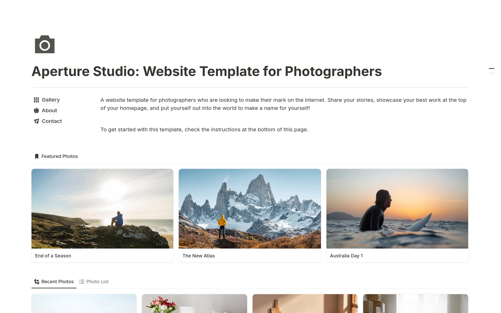 A template preview for Aperture Studio: Website for Photographers
