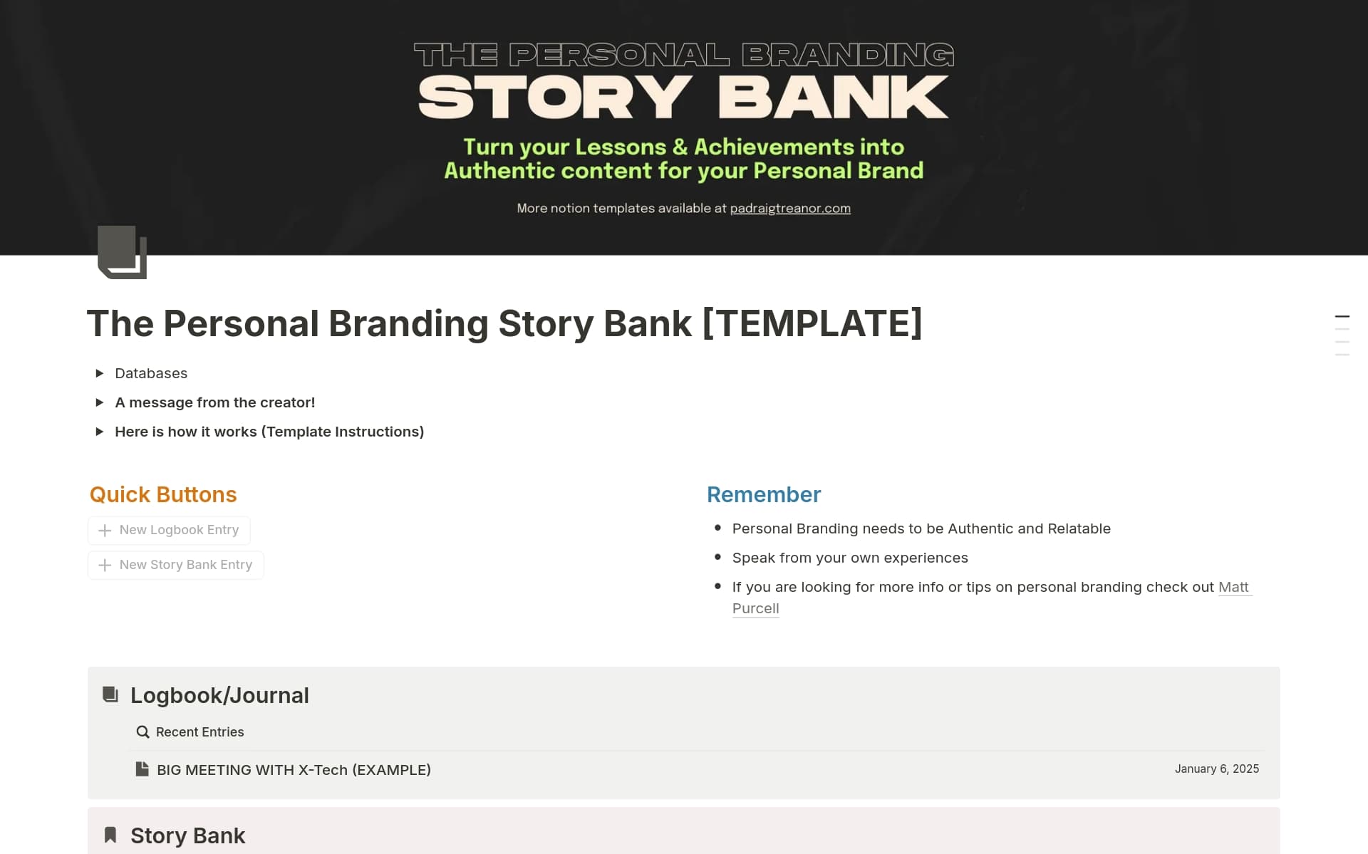 A template preview for The Personal Branding Story Bank