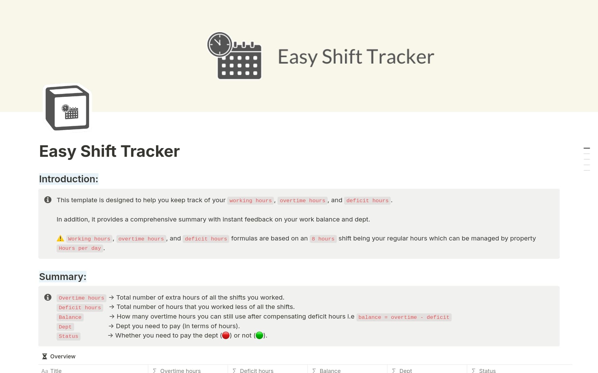 A template preview for Easy Shift Tracker