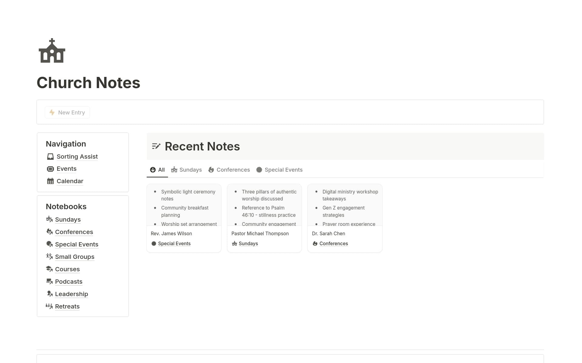 A template preview for Church Notes