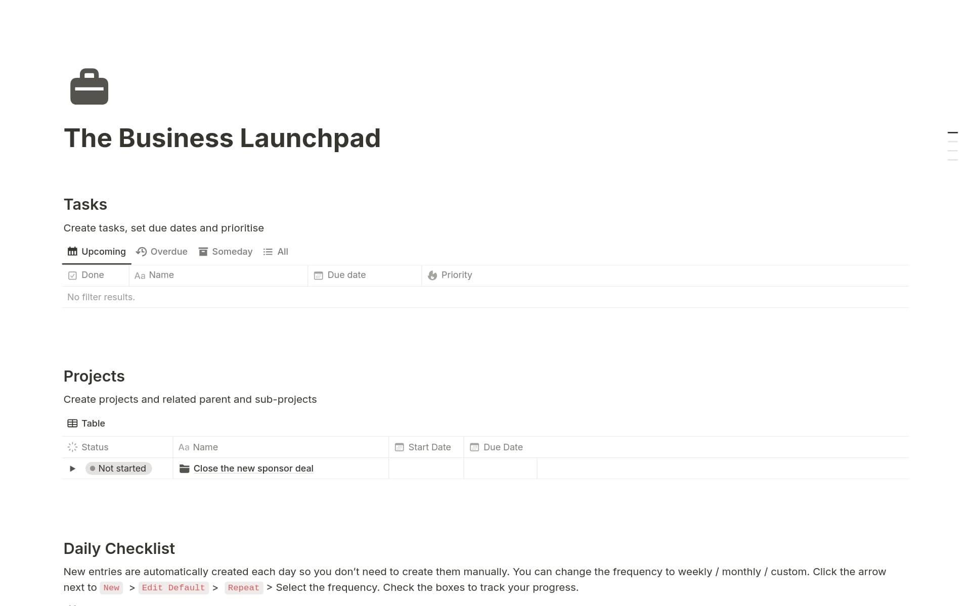 A template preview for Business Starter System