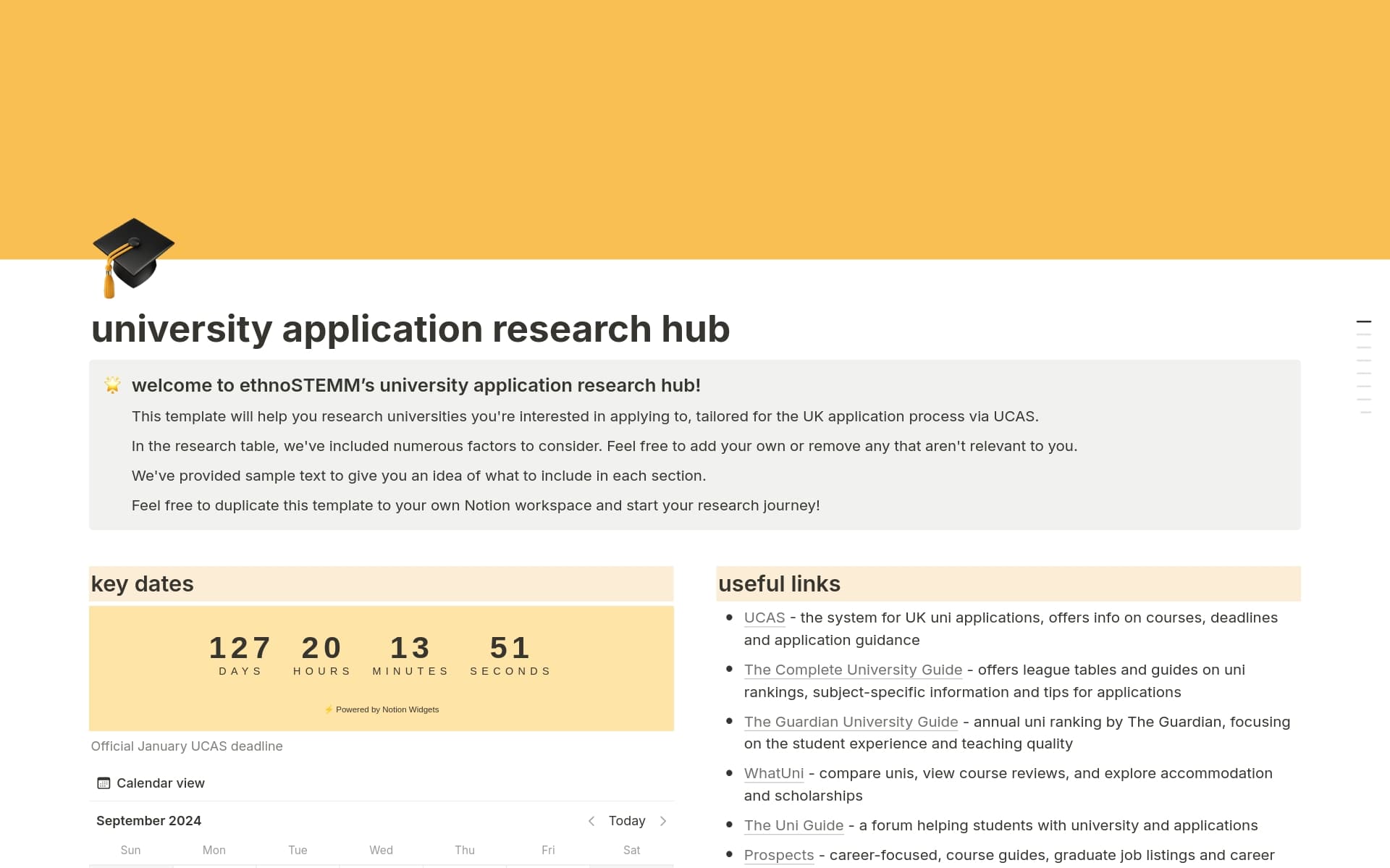 A template preview for university application research hub (UK)