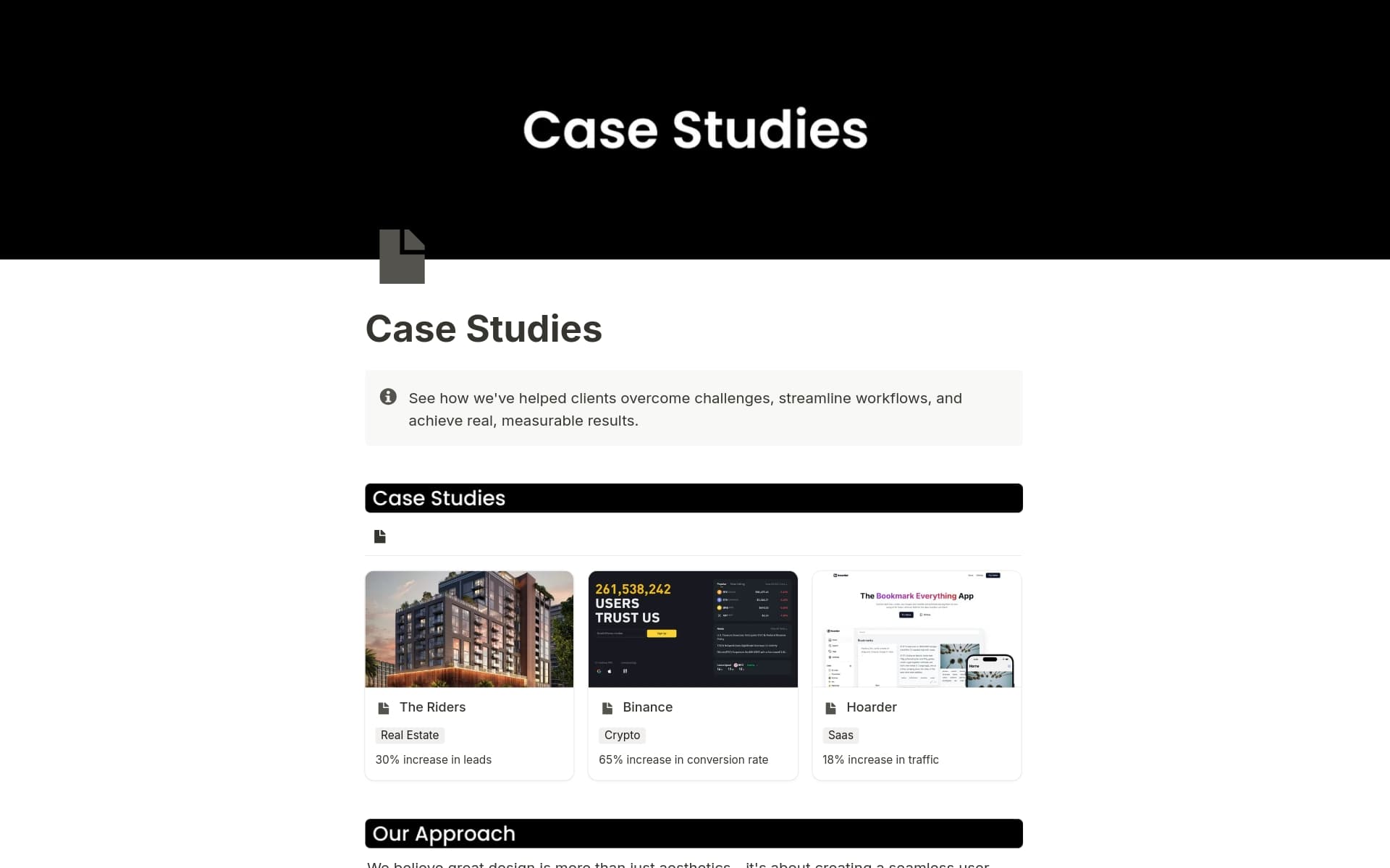 A template preview for Case Studies