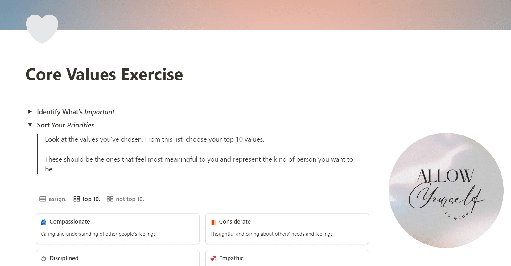 Core Values Exercise Template | Notion Marketplace