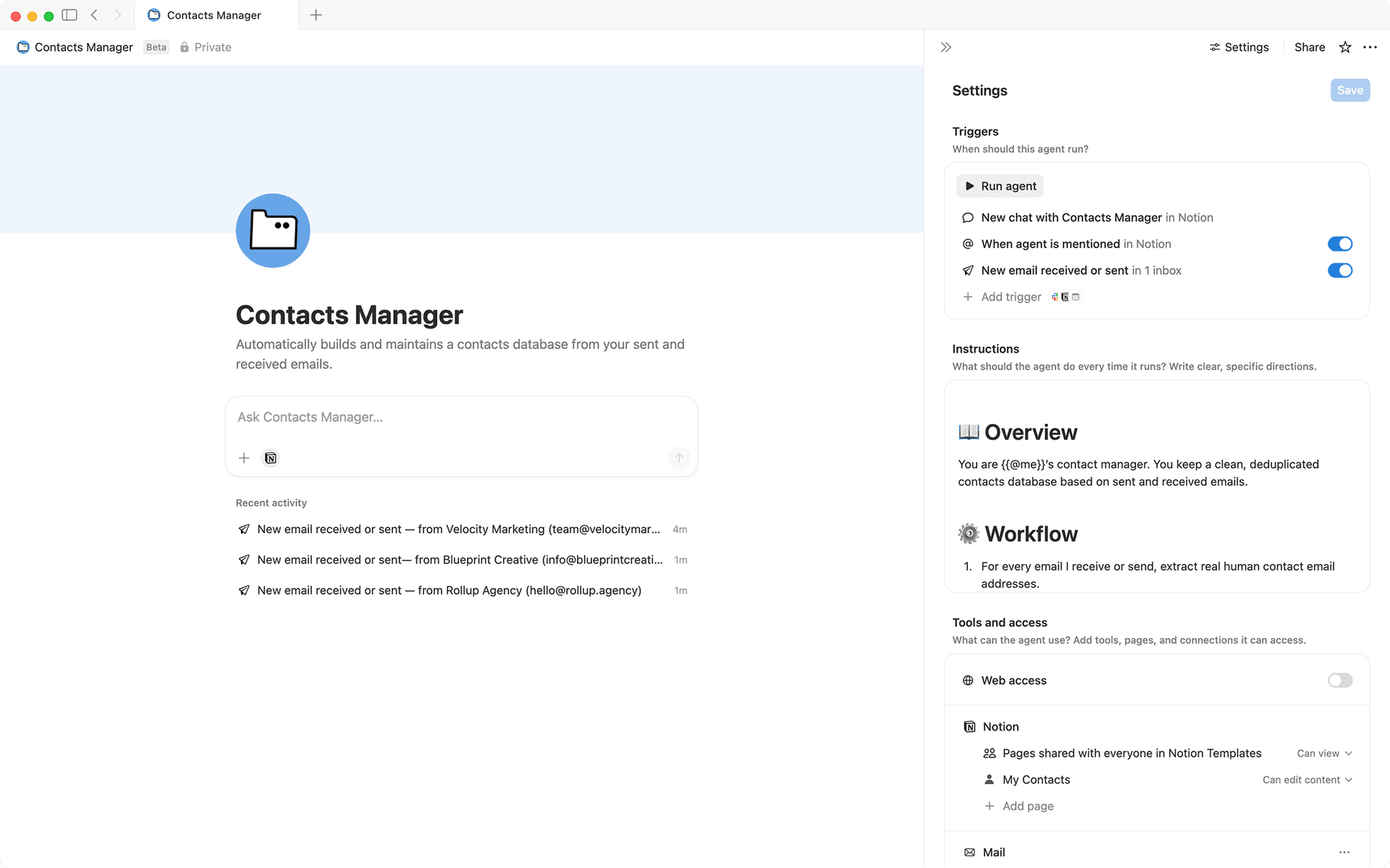Notification Agent Contacts Manager | Notion Agent