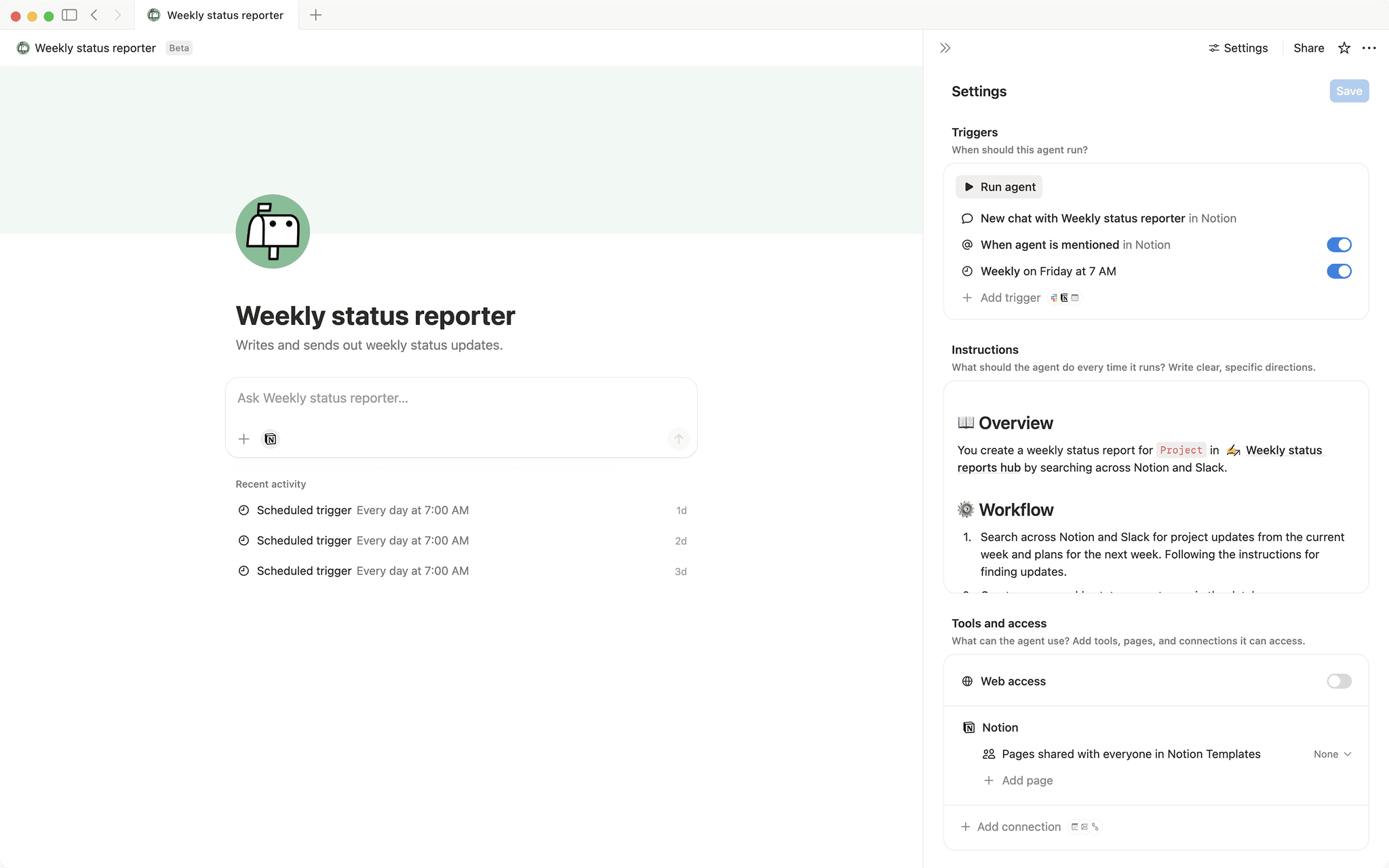 Notion Process Status Weekly status reporter | Notion Agent