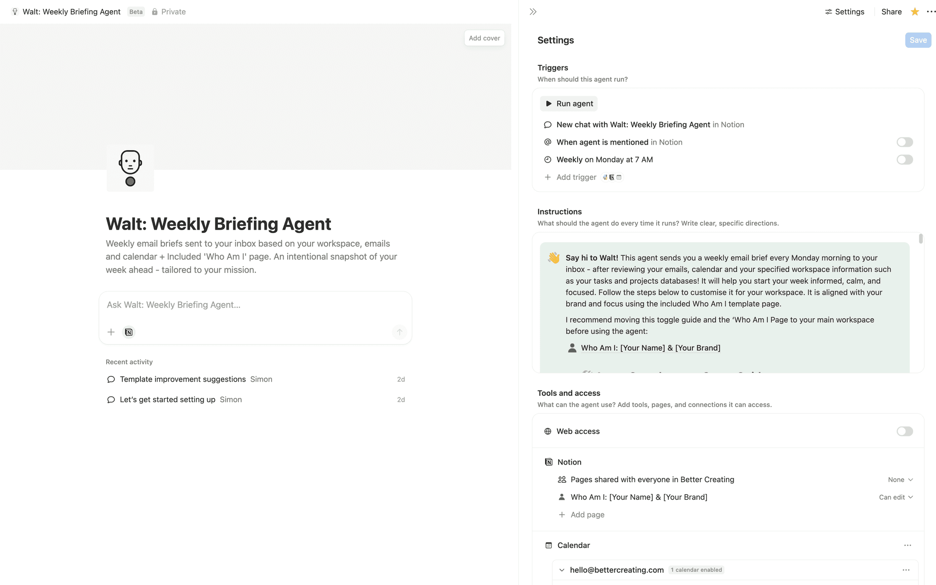 Notification Agent Walt: Weekly Briefing Agent | Notion Agent