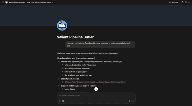 Valiant Pipeline Butler | Notion Agent