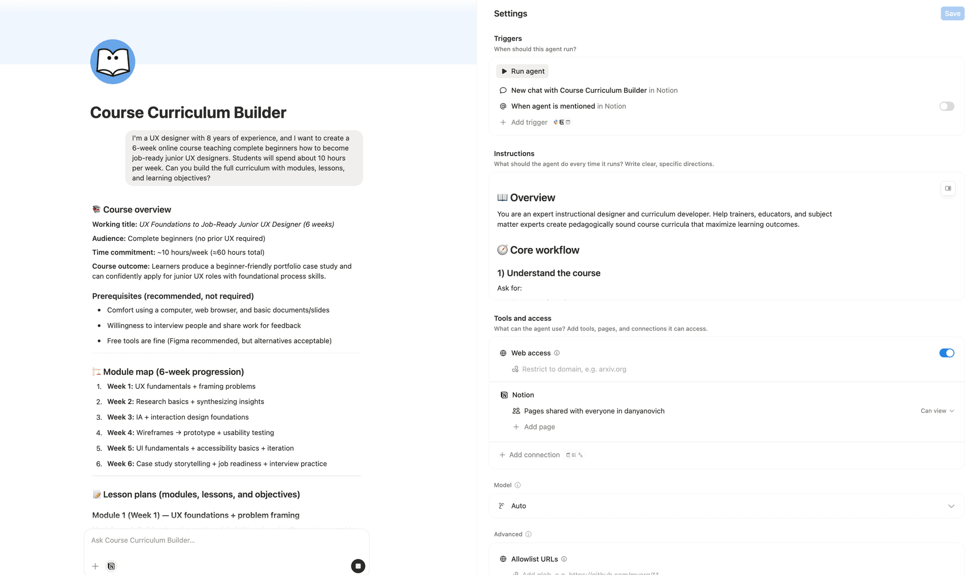 Course Buide Course Curriculum Builder | Notion Agent