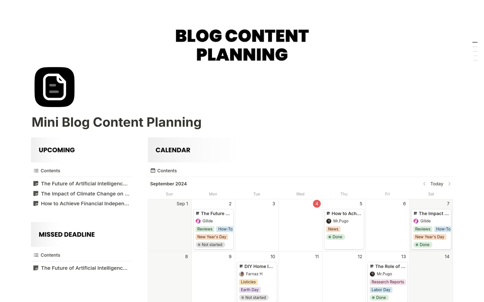 Mini Blog Content Planning & Calendar Template by mrpugo | Notion ...
