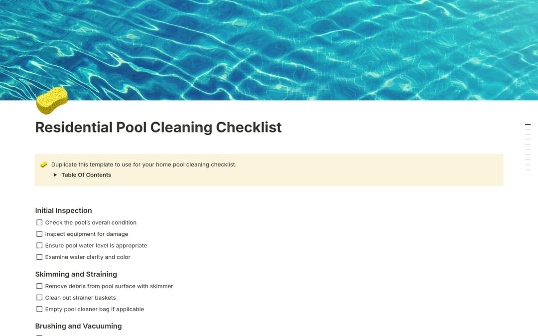 Residential Pool Cleaning Checklist Template | Notion Marketplace