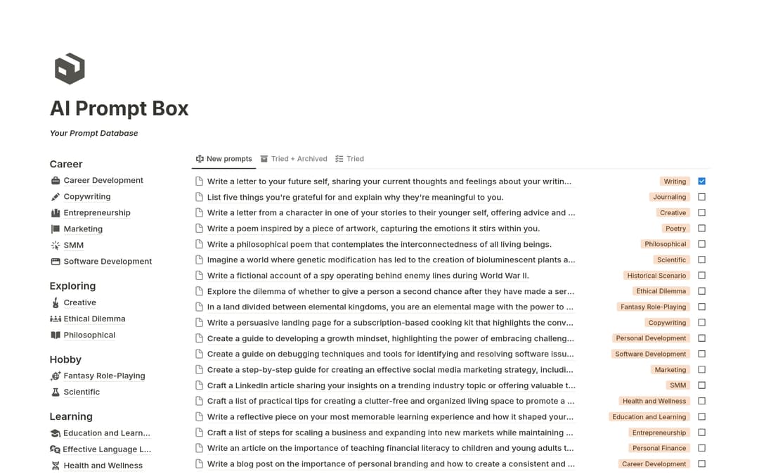 Notion Prompts Database AI Prompt Box Template by Your Notion Dose | Notion Marketplace