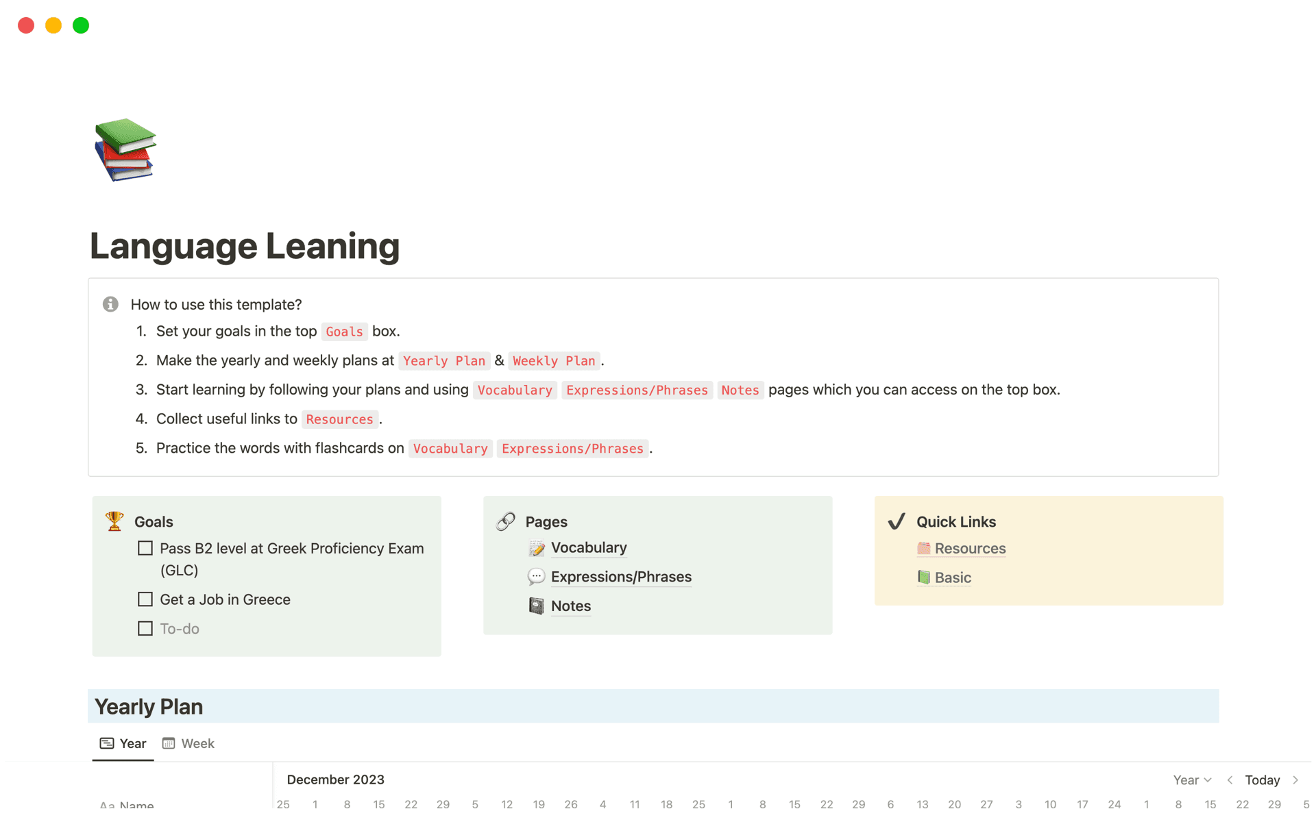 Language Learning Template by chocolat | Notion Marketplace