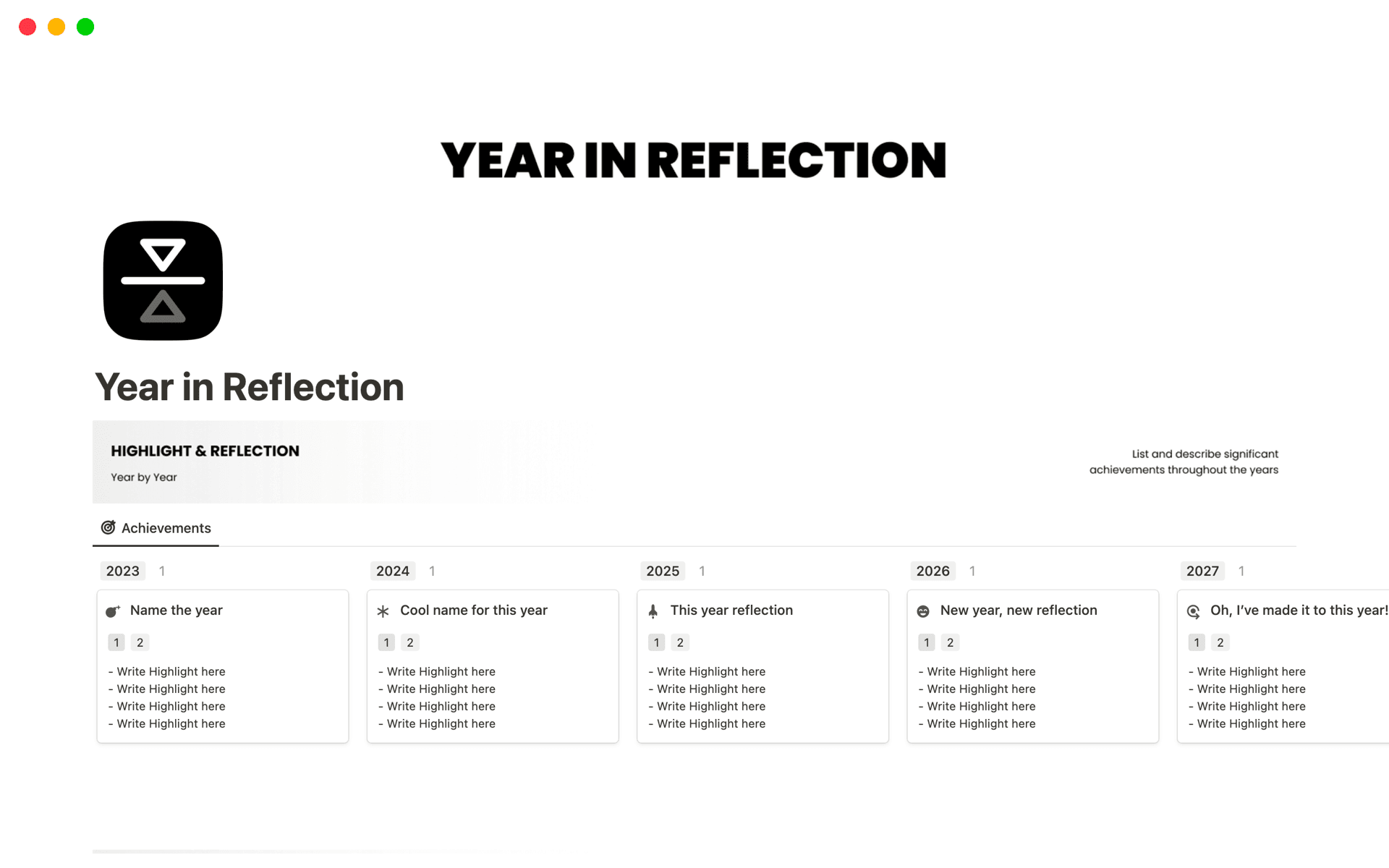 Year in Reflection (Yearly Review, Annual Review) Template Notion