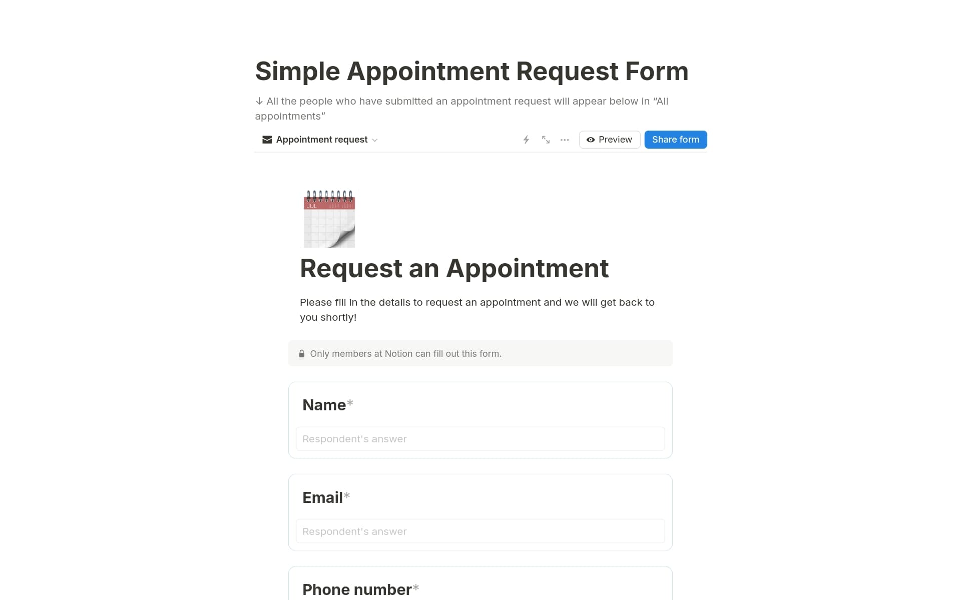 Simple appointment request form Template by Notion Notion Marketplace