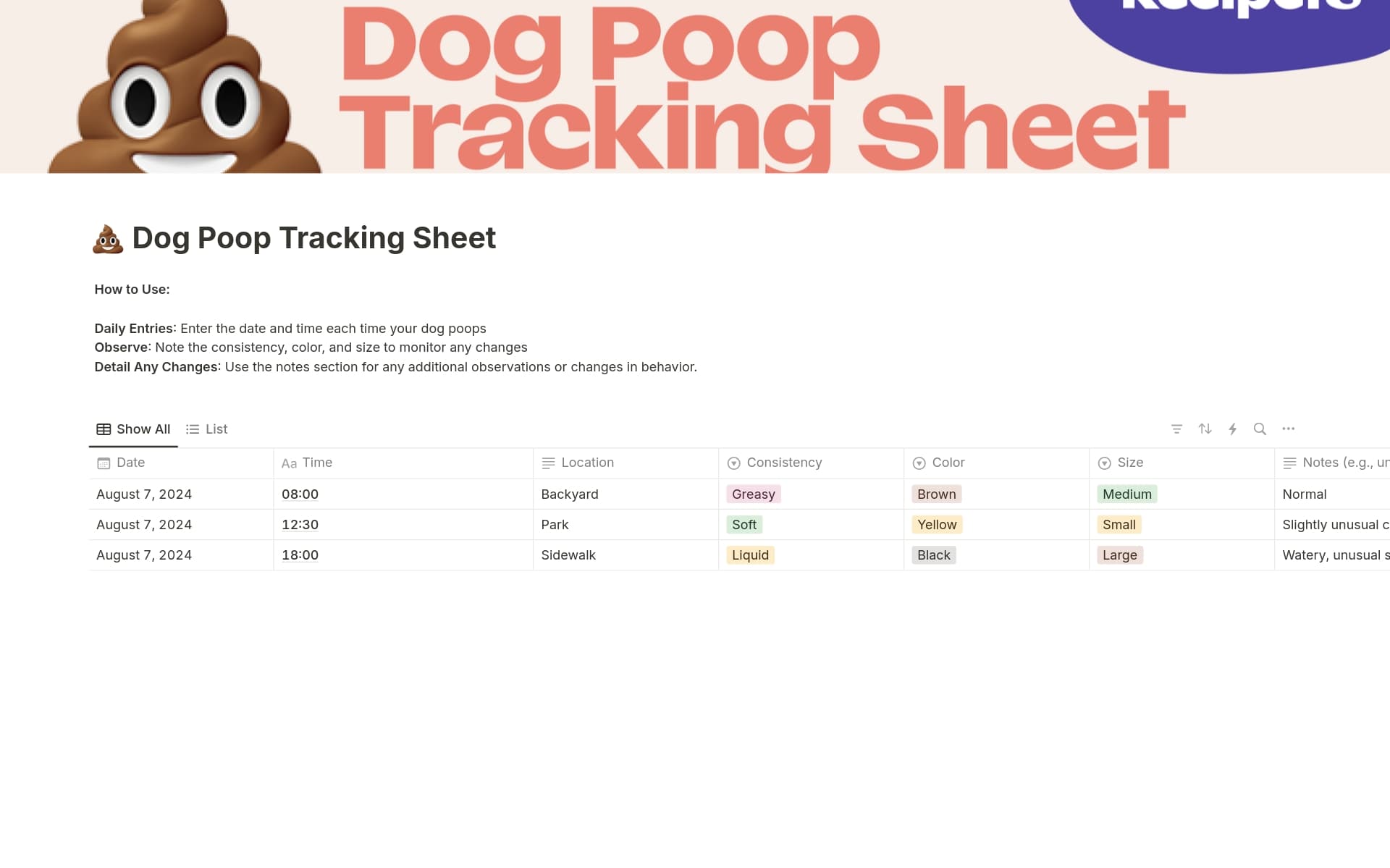 Poop Tracking Graph 💩 Dog Poop Tracking Sheet Template by Recipets | Notion Marketplace