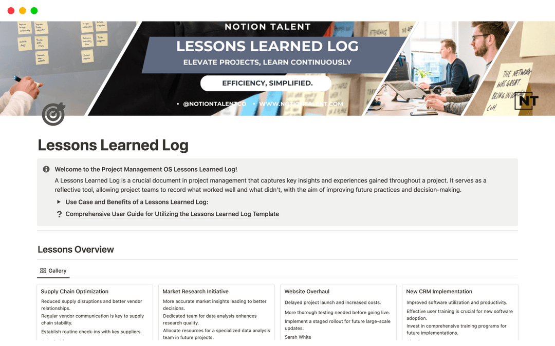 Lessons Learned Log Template | Notion Marketplace