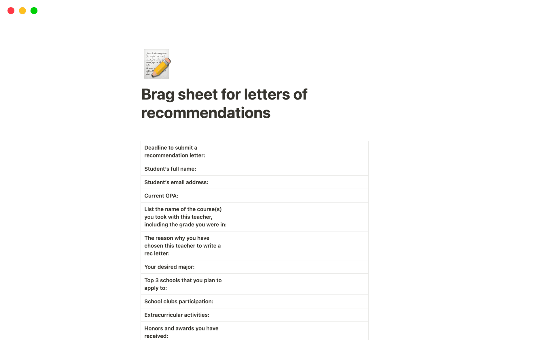 Brag sheet for letters of Template Notion Marketplace
