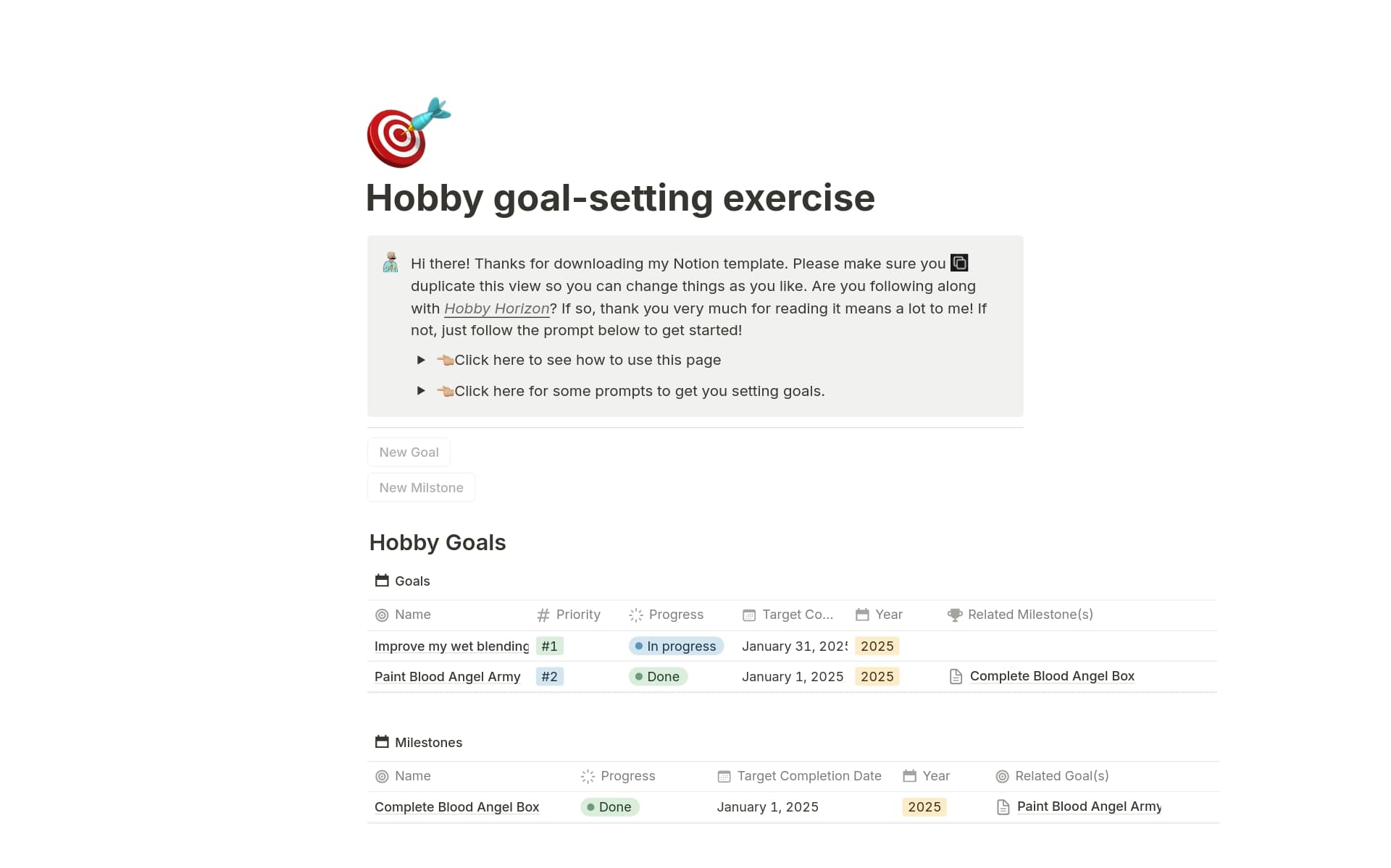 Hobby goal-setting exercise Template | Notion Marketplace