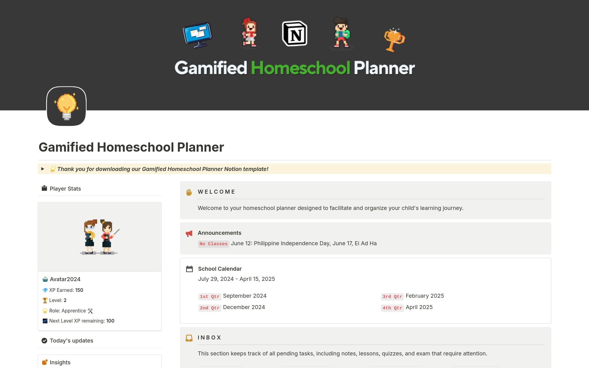 Gamified Homeschool Planner Template by Randy Valencia | Notion Marketplace