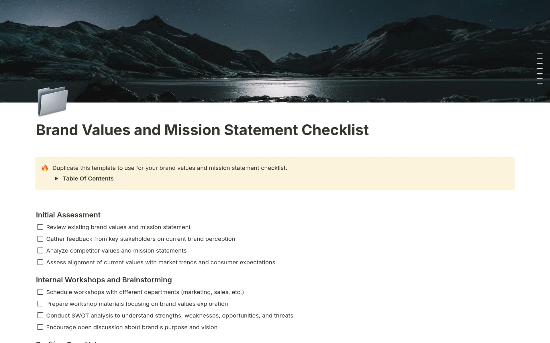 Brand Values and Mission Statement Checklist Template by Template Road ...