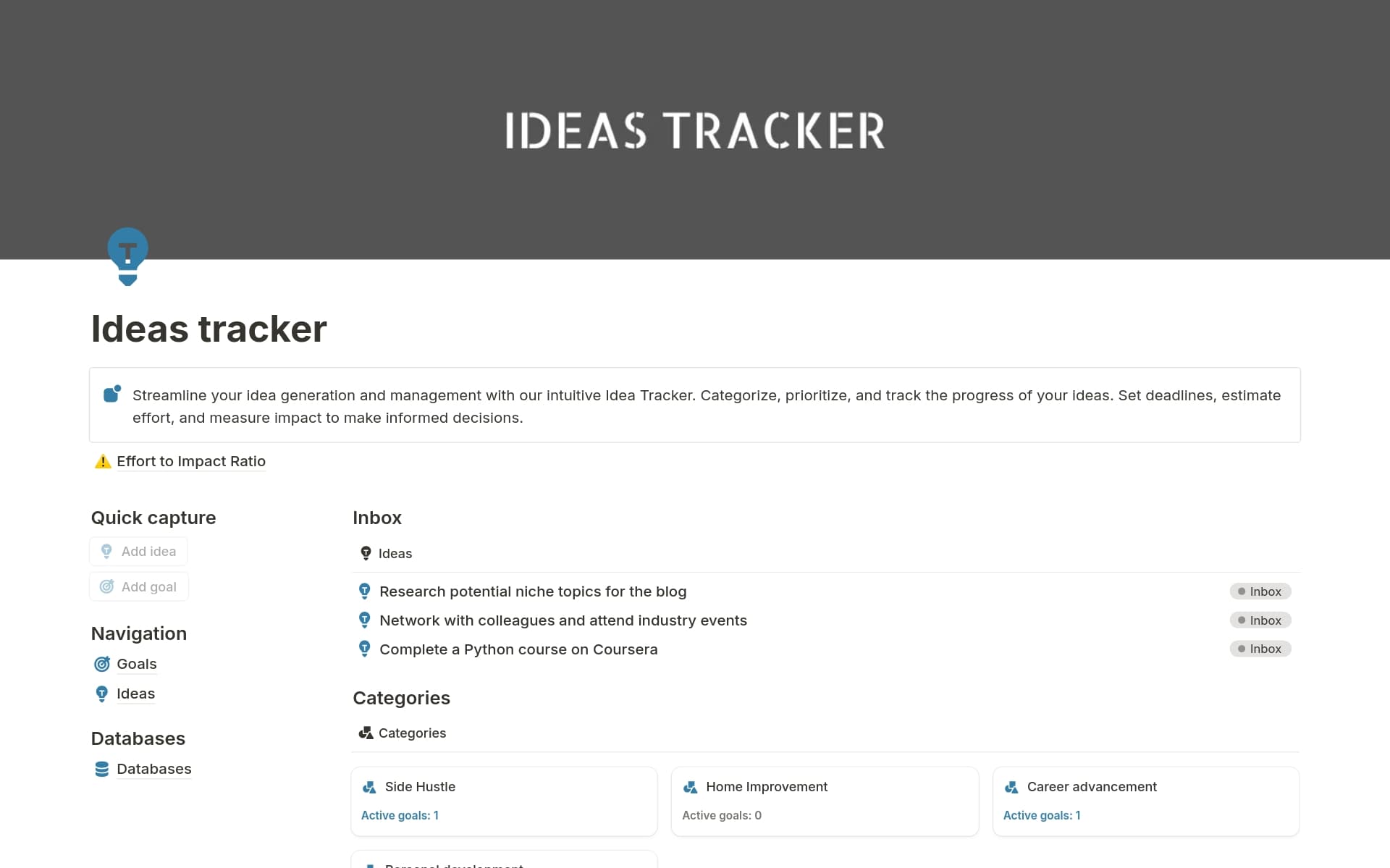 Ideas tracker Template by Excel Studios | Notion Marketplace