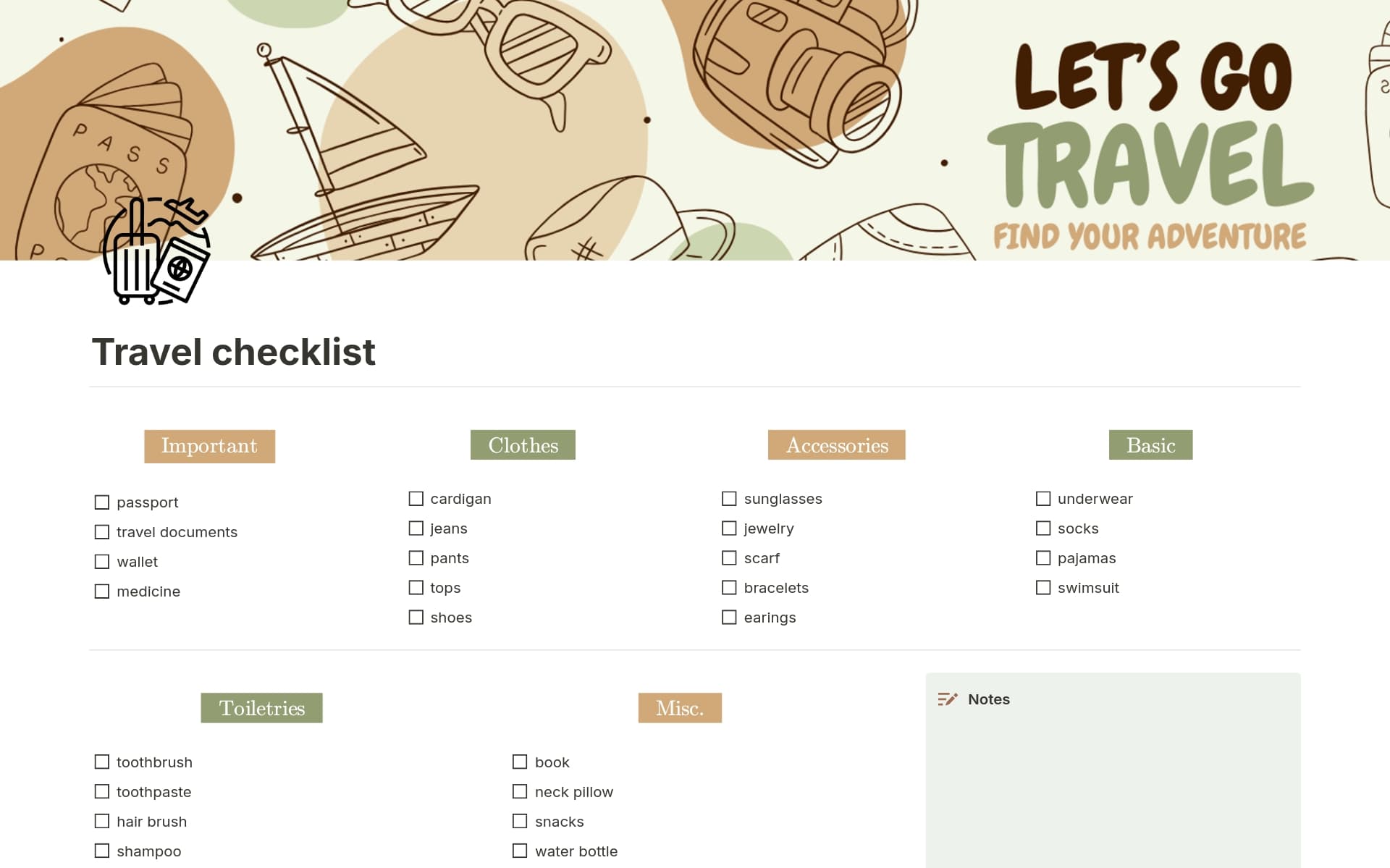 Travel Checklist Template by Nana Notion Marketplace