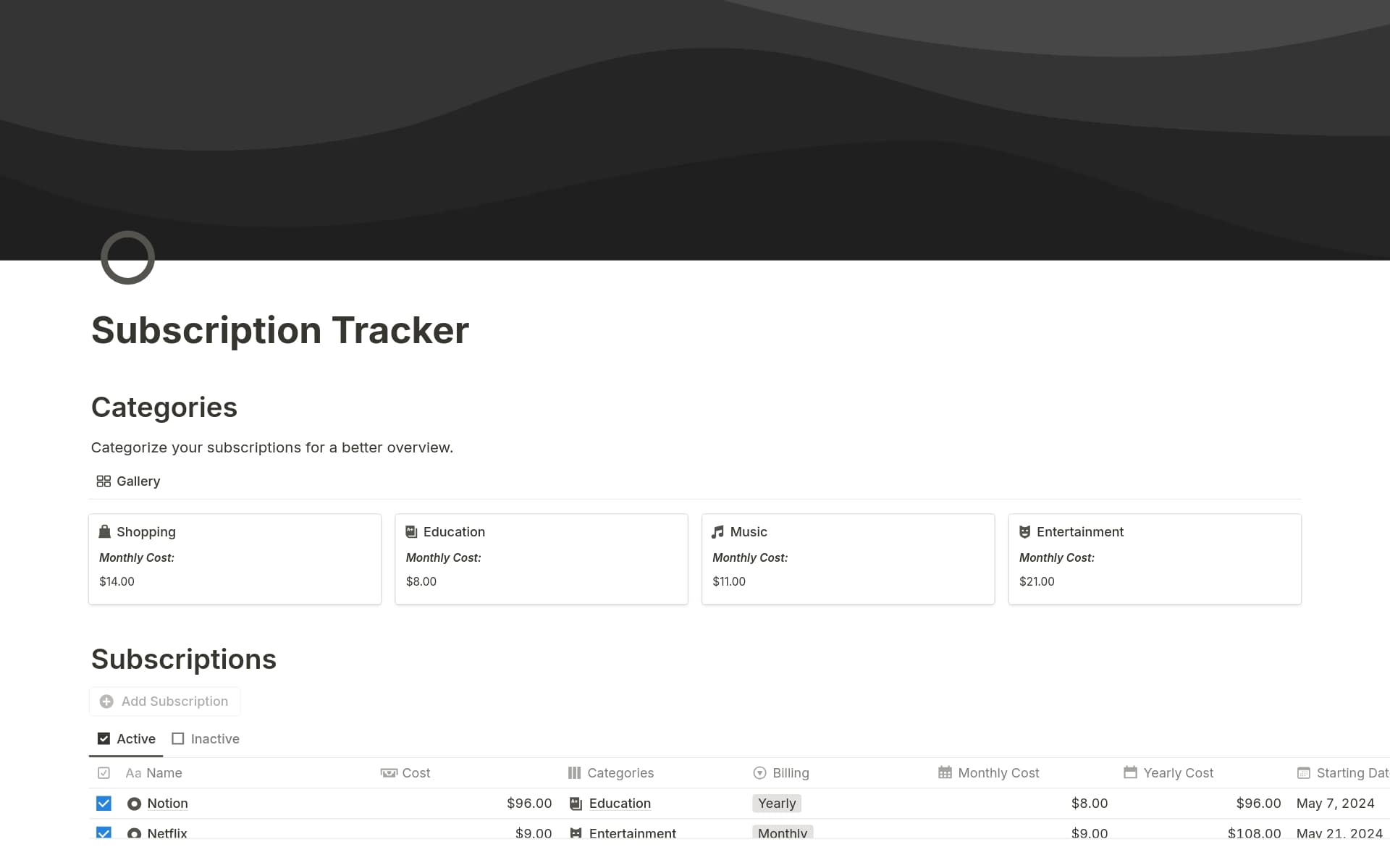 Subscription Tracker Template | Notion Marketplace