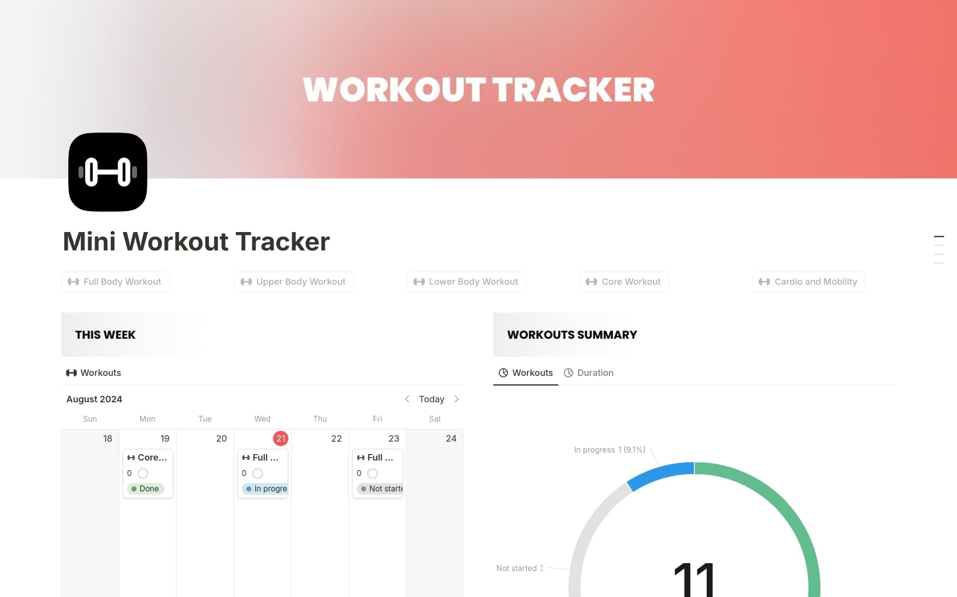 Mini Workout Planner & Tracker Template by mrpugo | Notion Marketplace