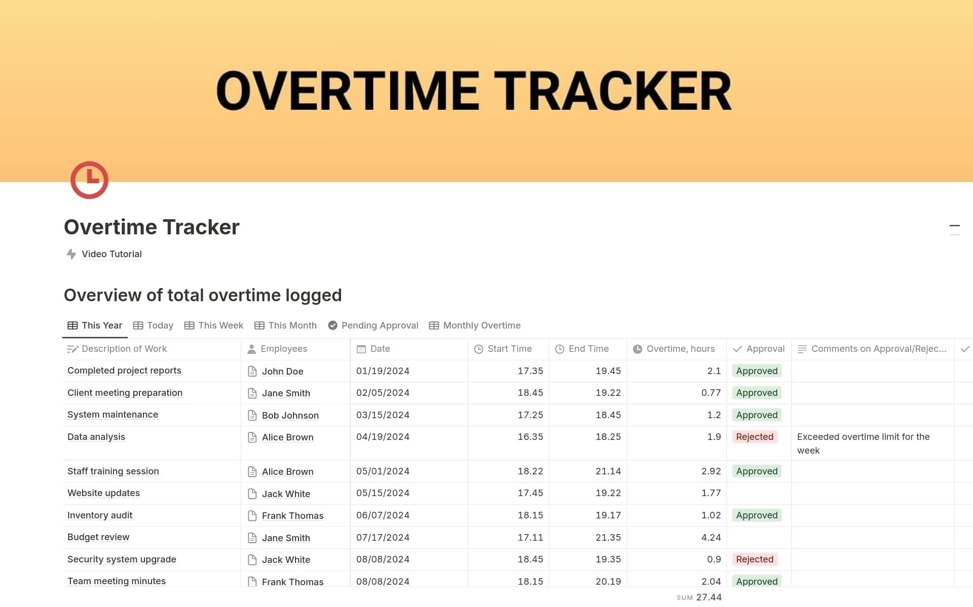 Overtime Tracker Template by Bazion | Notion Marketplace