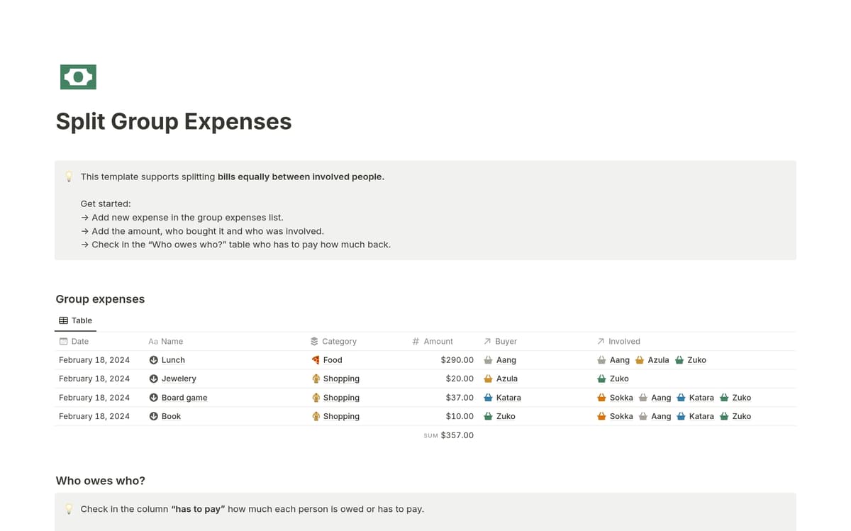 Split Group Expenses Template by laquesisa | Notion Marketplace