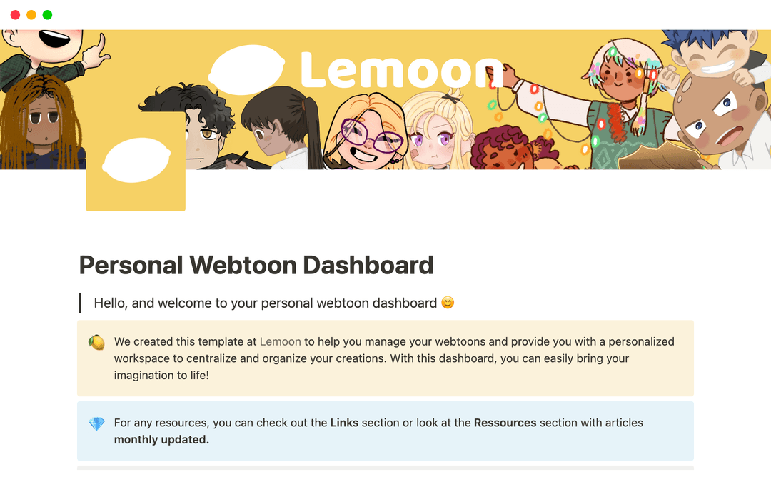 Personal Webtoon Dashboard Template by Lemoon | Notion Marketplace