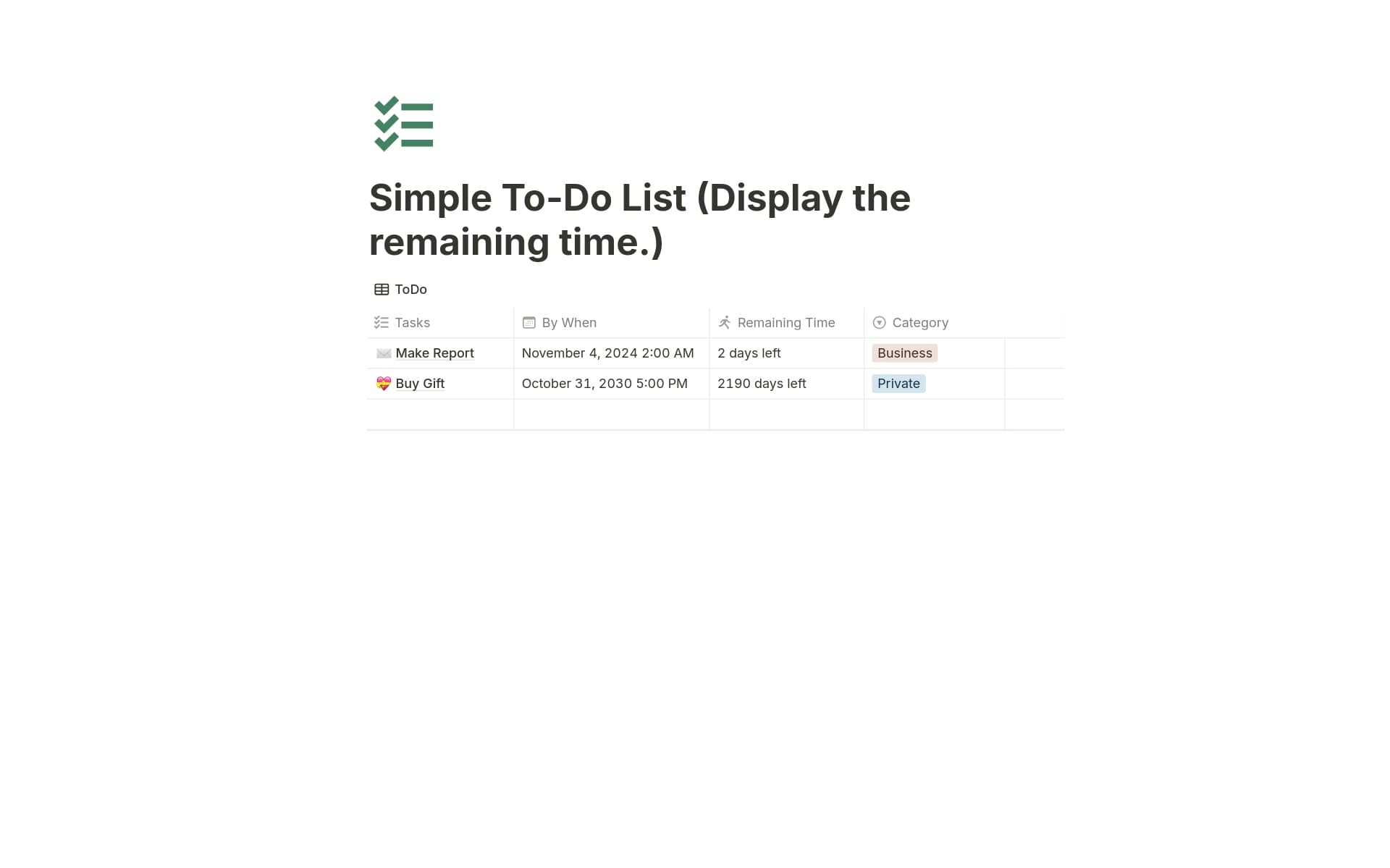 Time Remaining Format Simple To-Do List (Display the remaining time.) Template | Notion ...