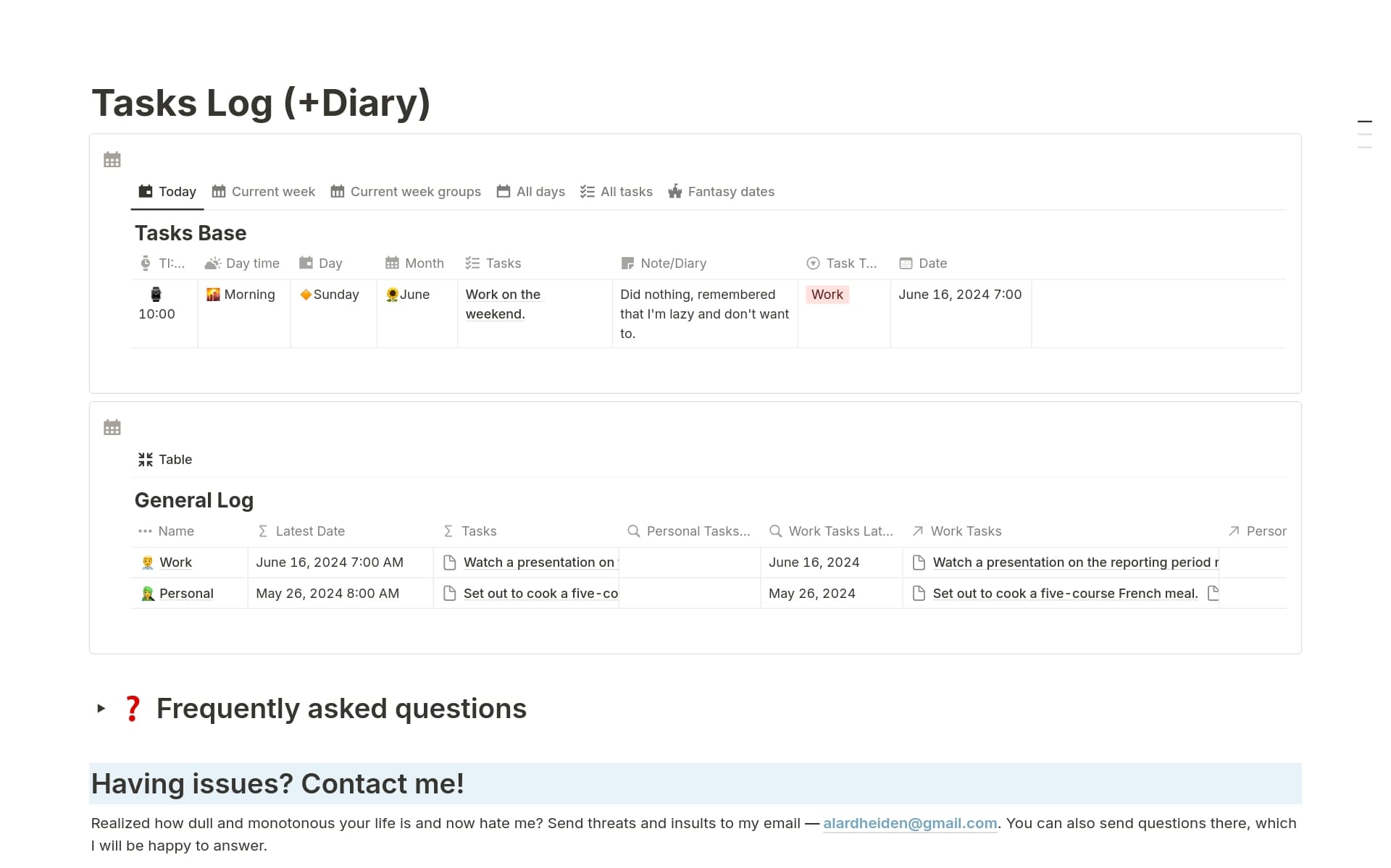 Task Log (+Diary) Template | Notion Marketplace