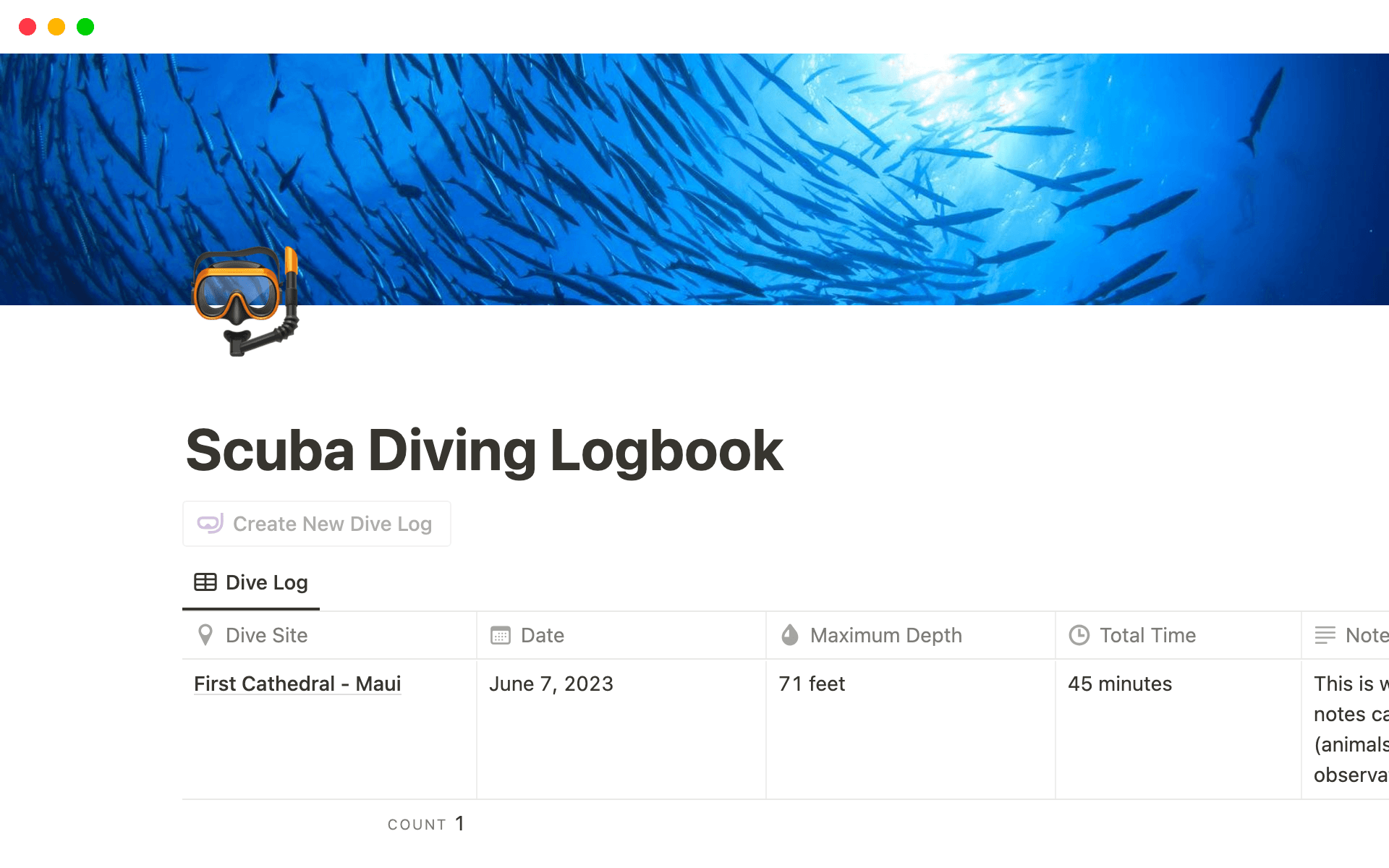 Diving Template Dive Log Template by Jake White | Notion Marketplace