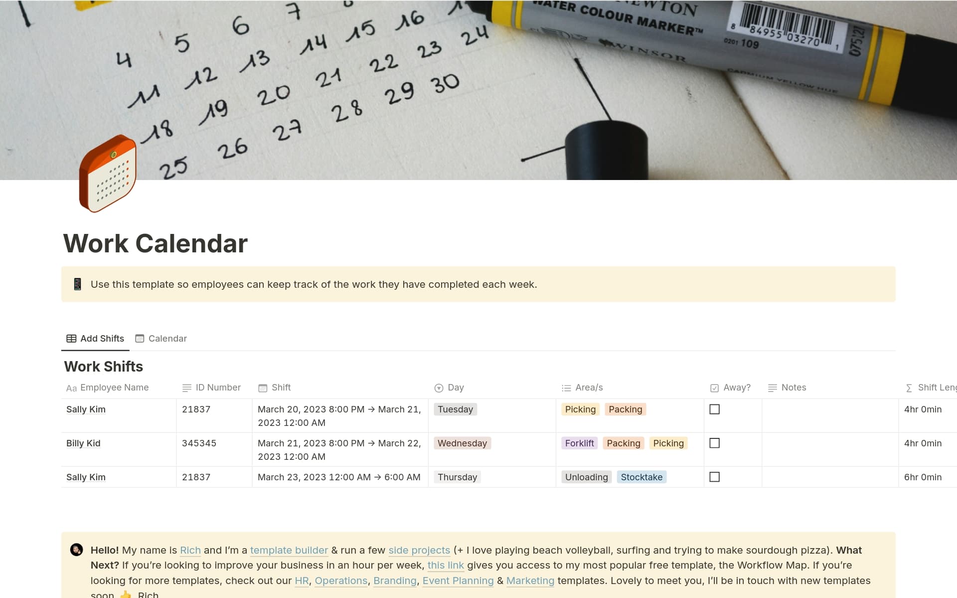 Work Calander Example Work Calendar Template | Notion Marketplace