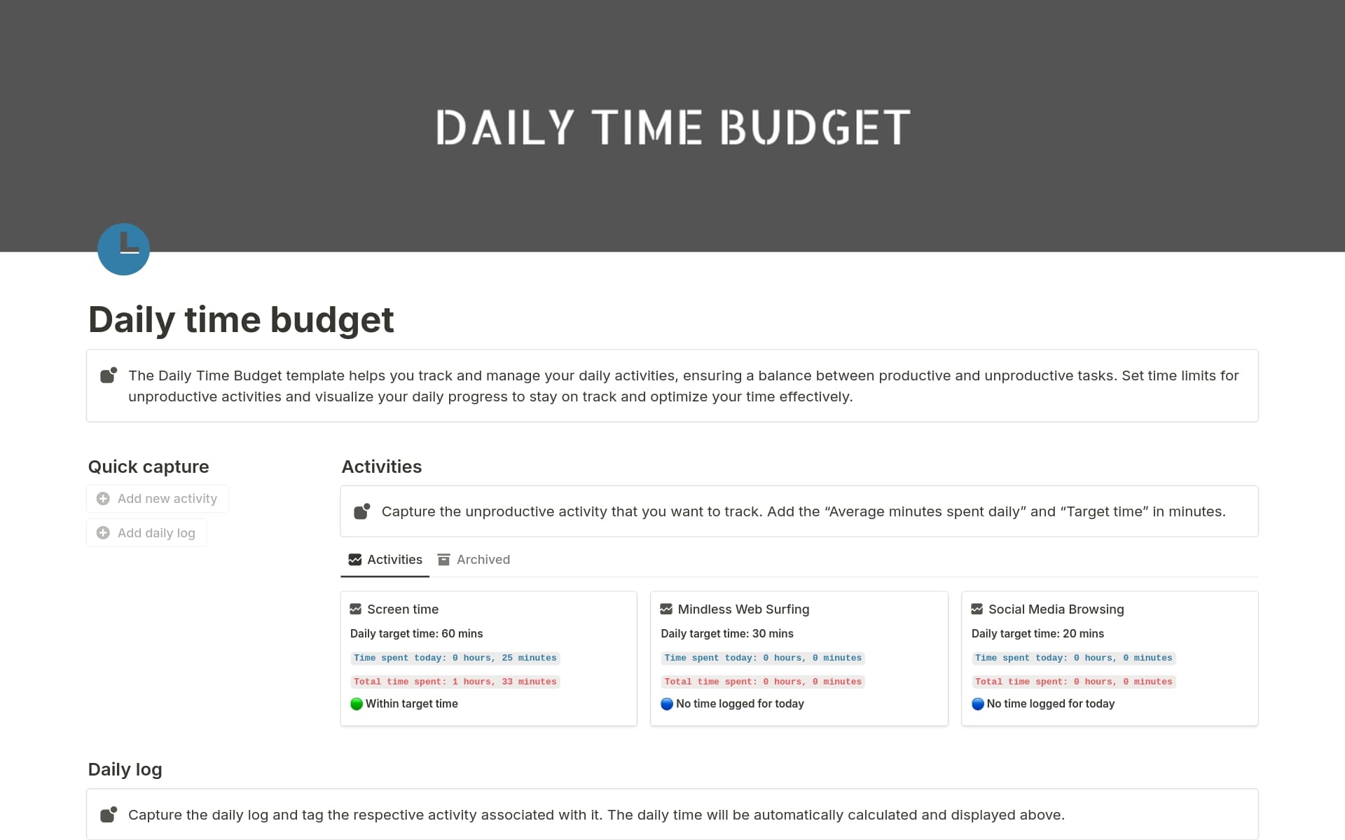 Daily time budget Template by Excel Studios | Notion Marketplace