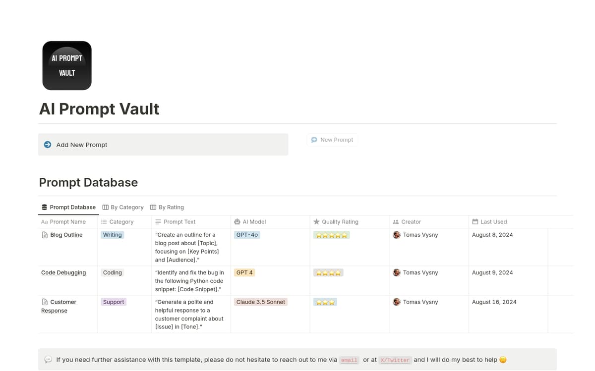 Notion Prompts Database AI Prompt Vault Template by Tomas Vysny | Notion Marketplace