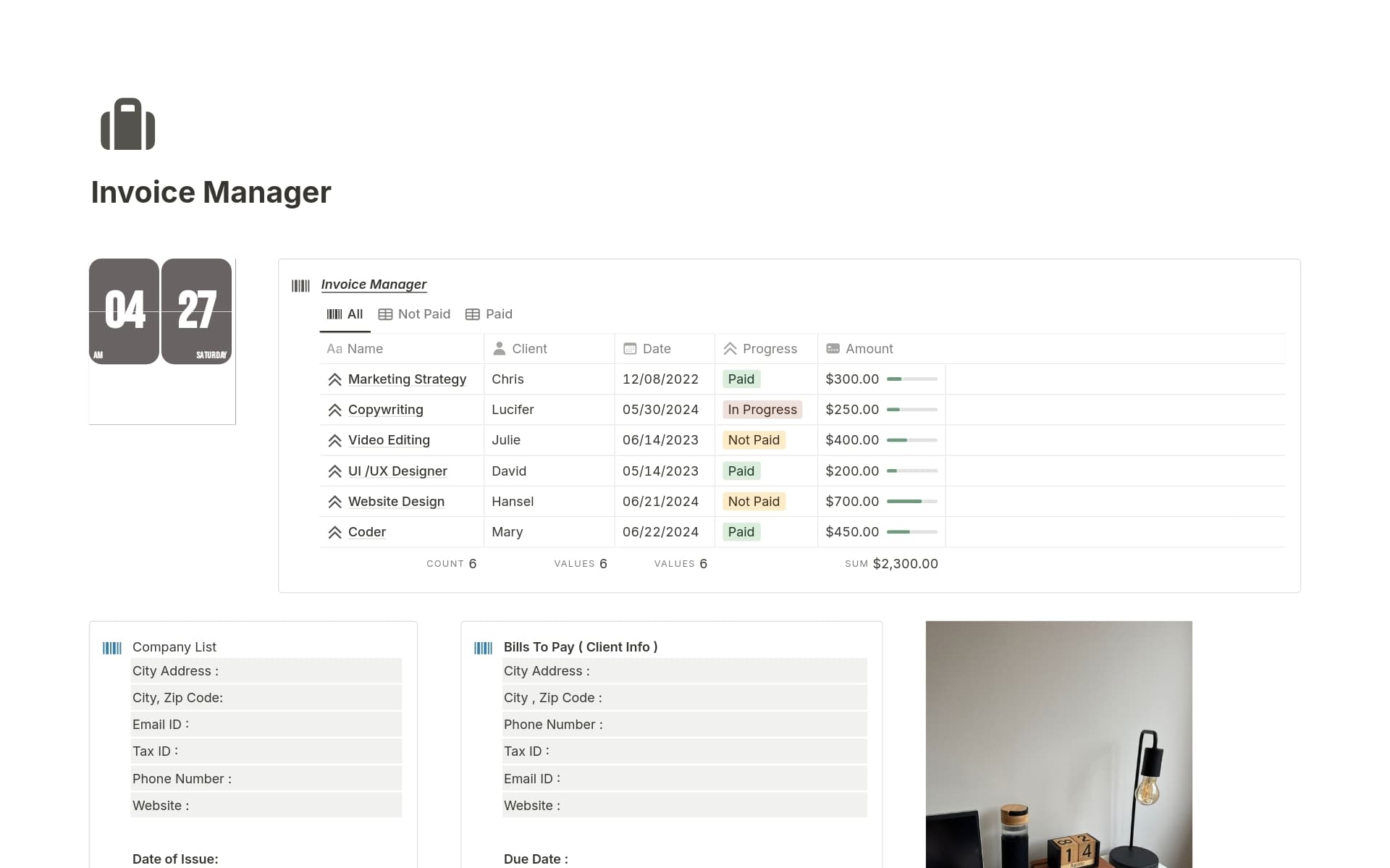 Invoice Manager Template by Hansel Systems | Notion Marketplace