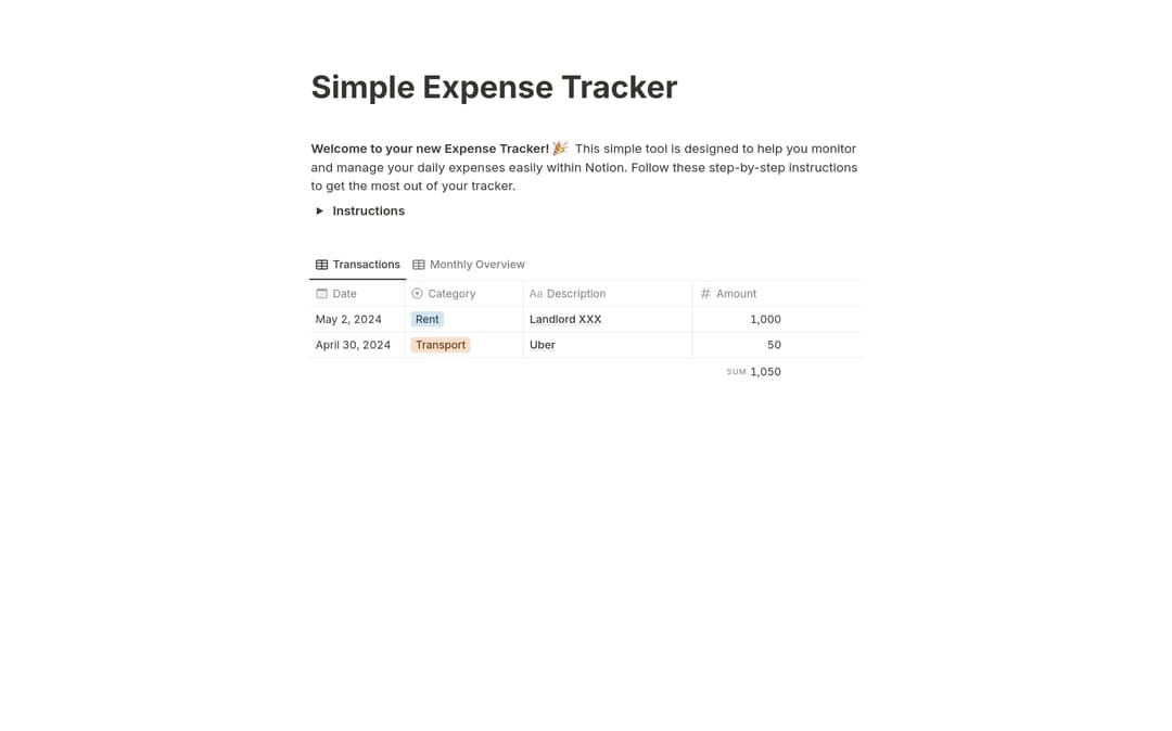 Simple Expense Tracker Template by Sue | Notion Marketplace