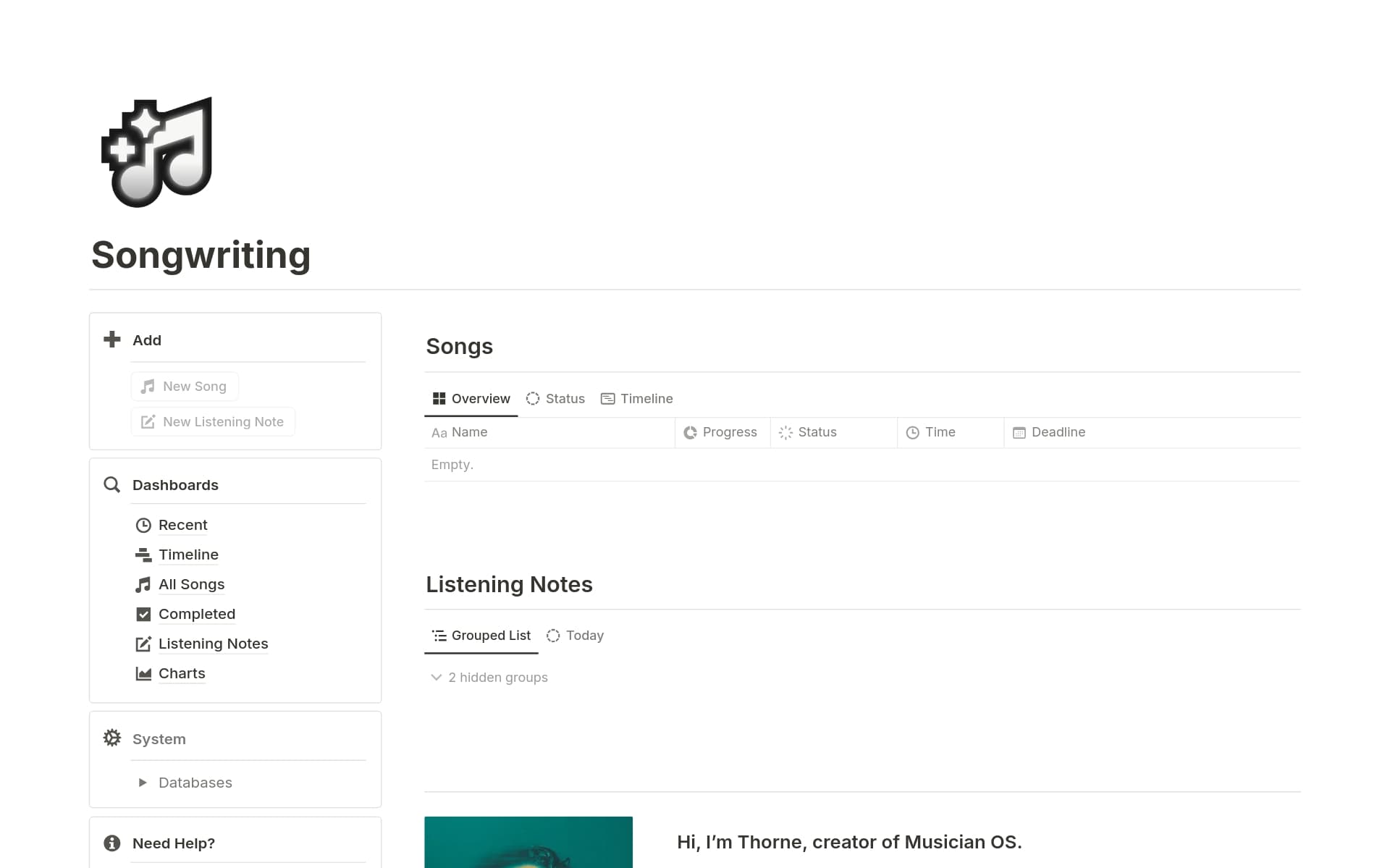 Songwriting Template by Musician OS Notion Marketplace