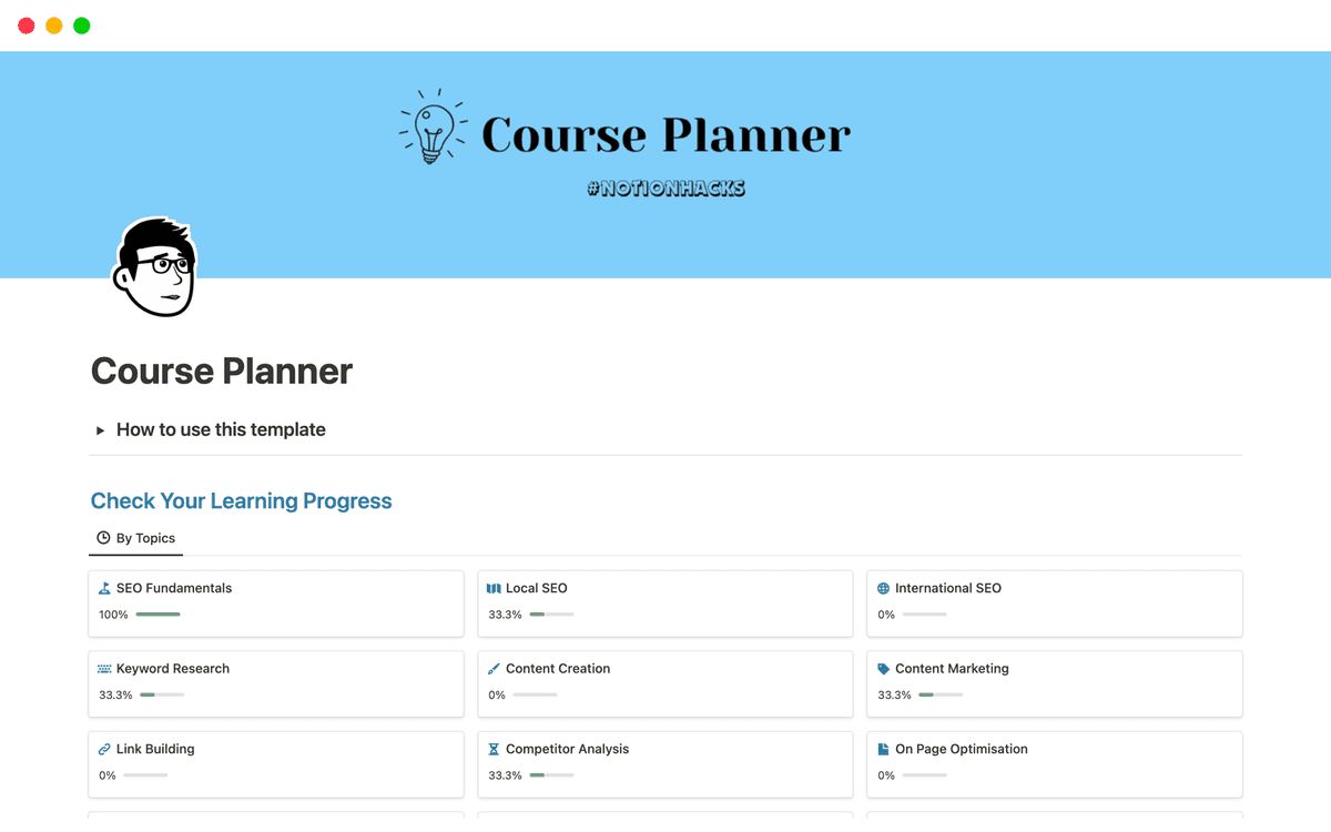 Course Planner, Schedule & Learning Progress Template by Cliff | Notion ...