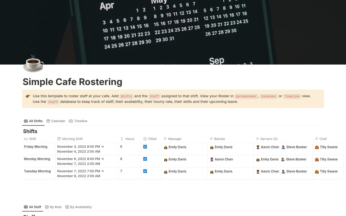 Simple Cafe Rostering Template by Template Road | Notion Marketplace