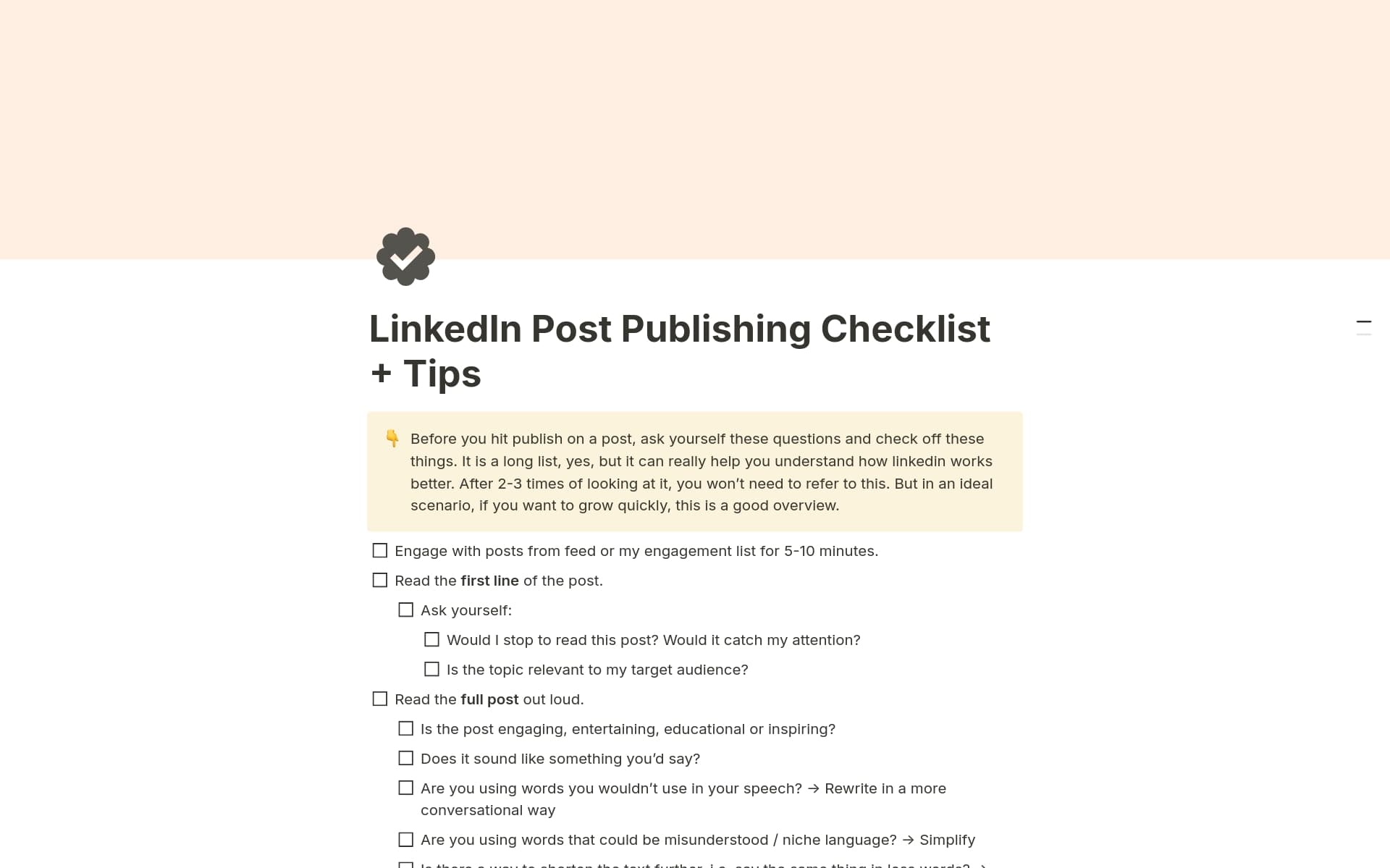 Checkist Published LinkedIn Post Publishing Checklist Template by Maria Leden | Notion ...