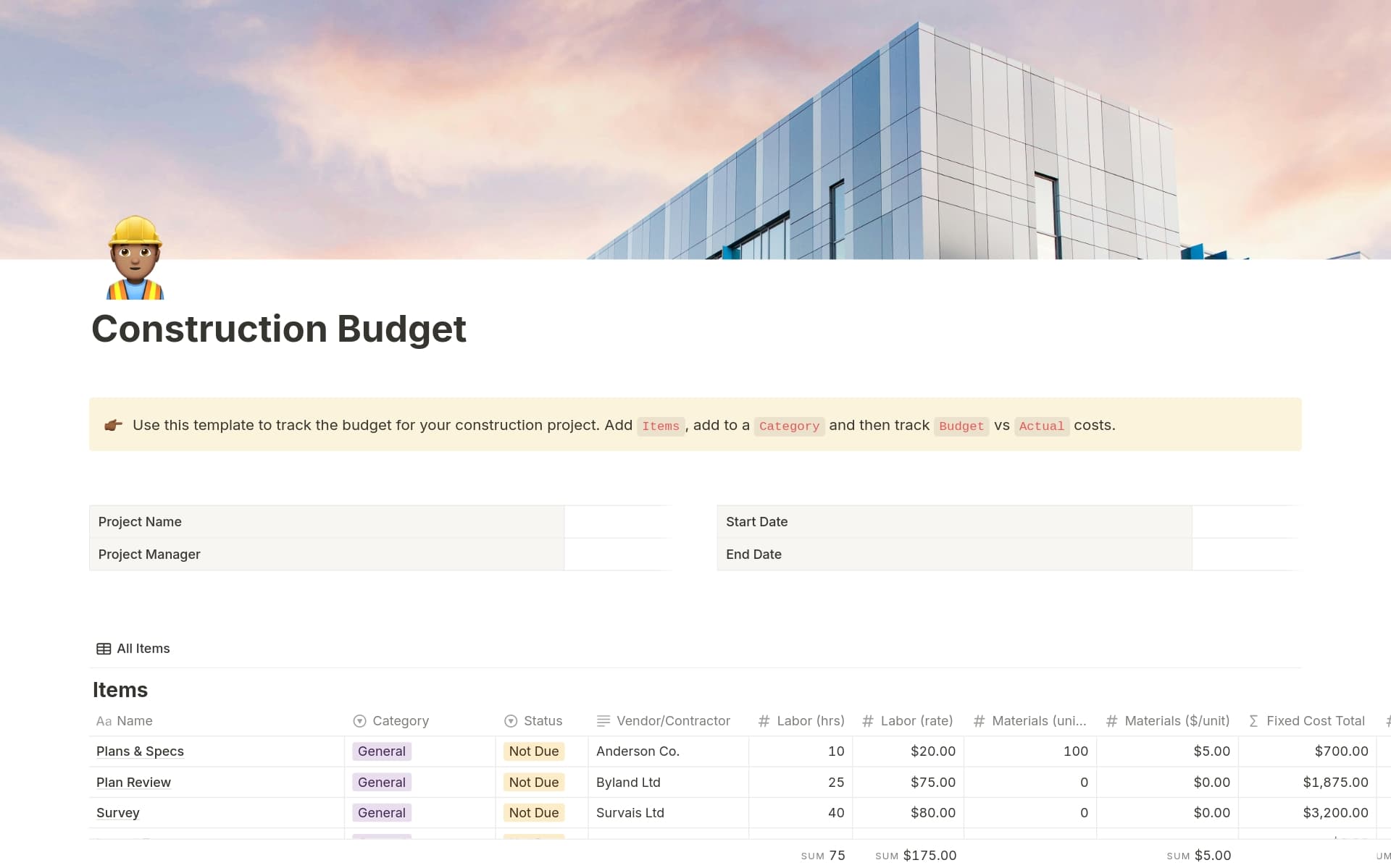 Construction Budget Template by Template Road Notion Marketplace