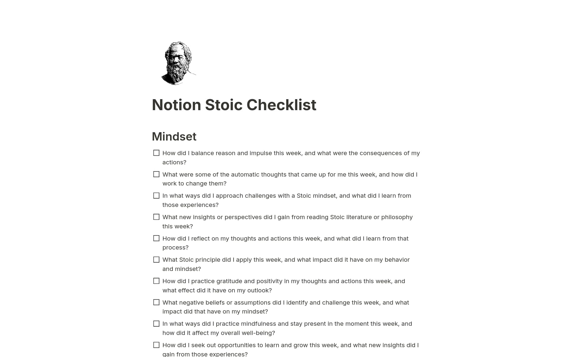 Stoic Checklist Stoic Life Checklist Template | Notion Marketplace