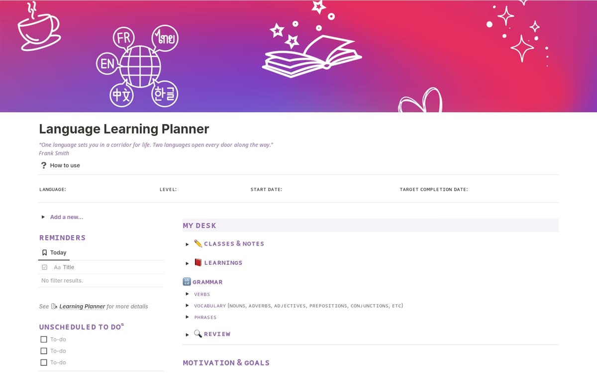Language Learning Journal Template by Jonah Jajang | Notion Marketplace