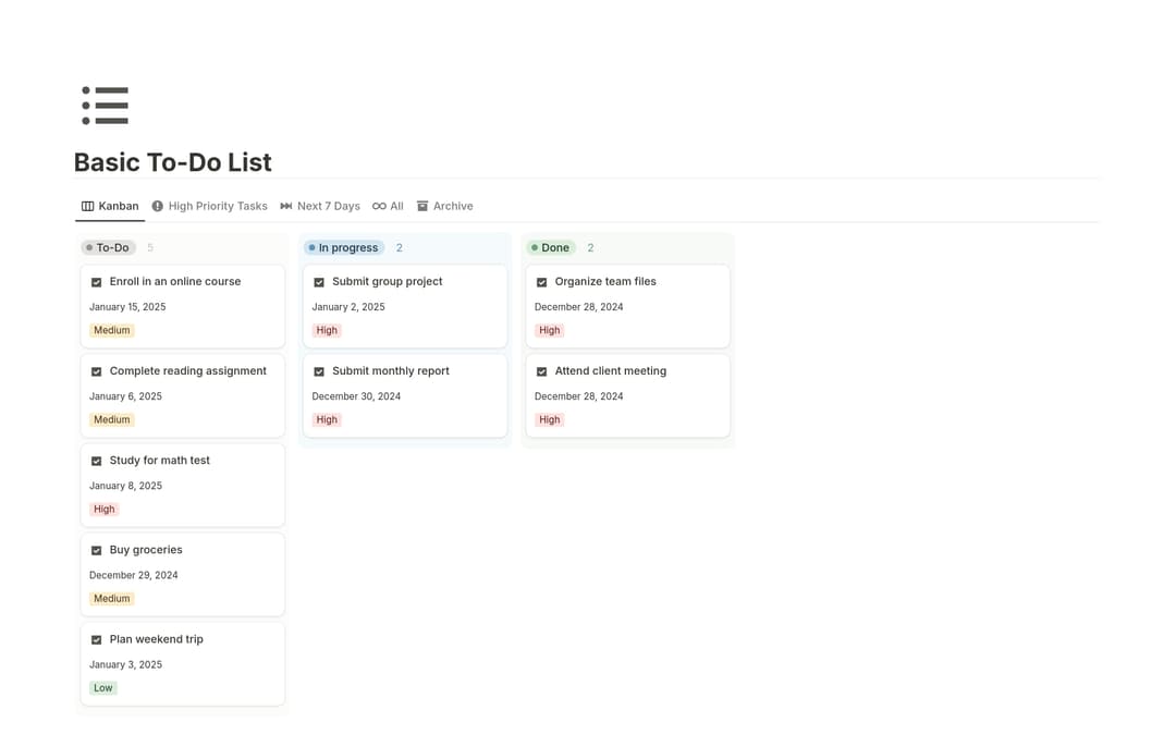Basic To Do List Basic To Do List