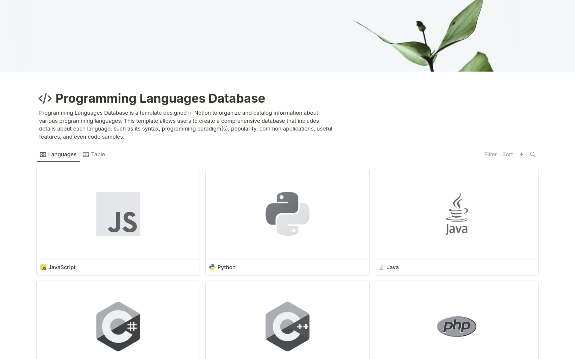 Programming Languages Database Template by Lucas Barcat | Notion ...